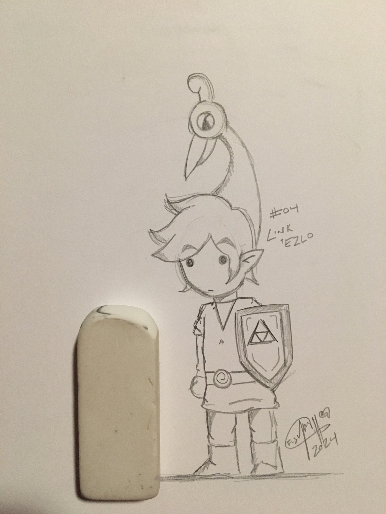 A traditional sketch of Link and Ezlo from the Minish Cap looking at a white eraser on a white background.