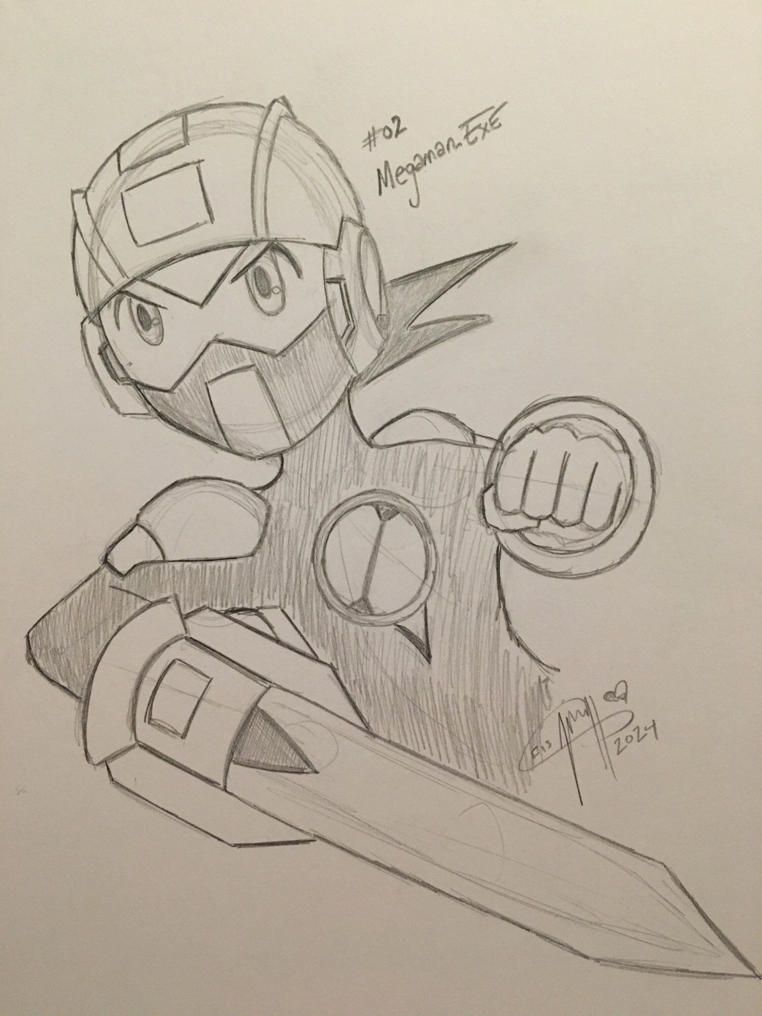 Megaman.exe drawn traditionally striking a dynamic pose.