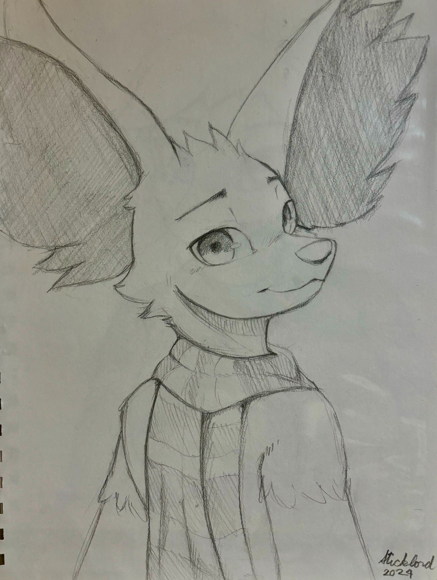 Drawing of 8000power's sona body facing away from the viewer, with head turned to face the viewer. He's wearing a striped scarf.