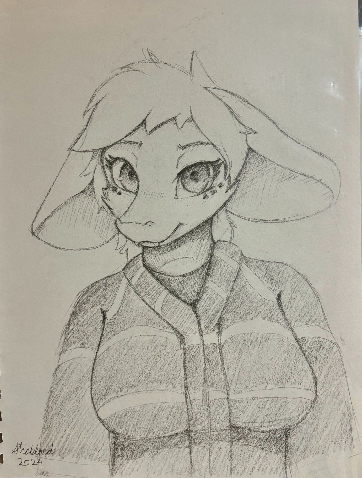 Drawing of ScottDerg's sona smiling and looking at the viewer wearing a striped hoodie.