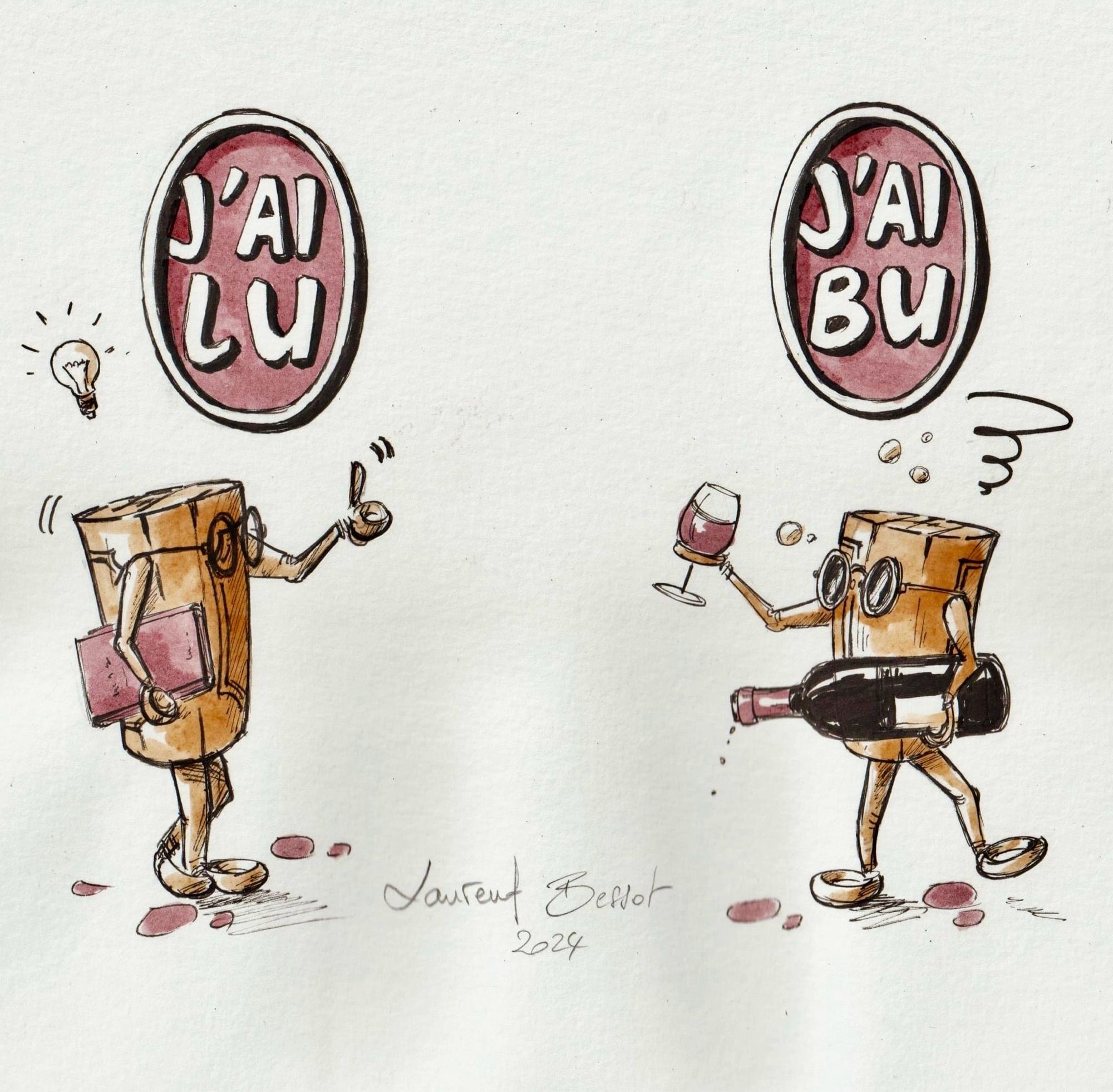 Deux bouchons, l’un avec un livre l’autre avec une bourde vin : j’ai lu et j’ai bu