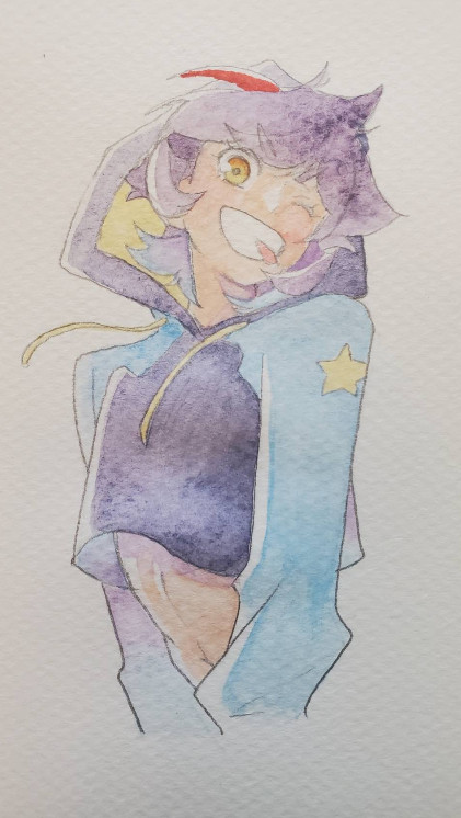 A watercolor doodle of Alex from Señorita Cometa. She's standing int he wind with her head tilted toward her left shoulder. Her hoodie is over her head while she winks and sticks her tongue out through her teeth.