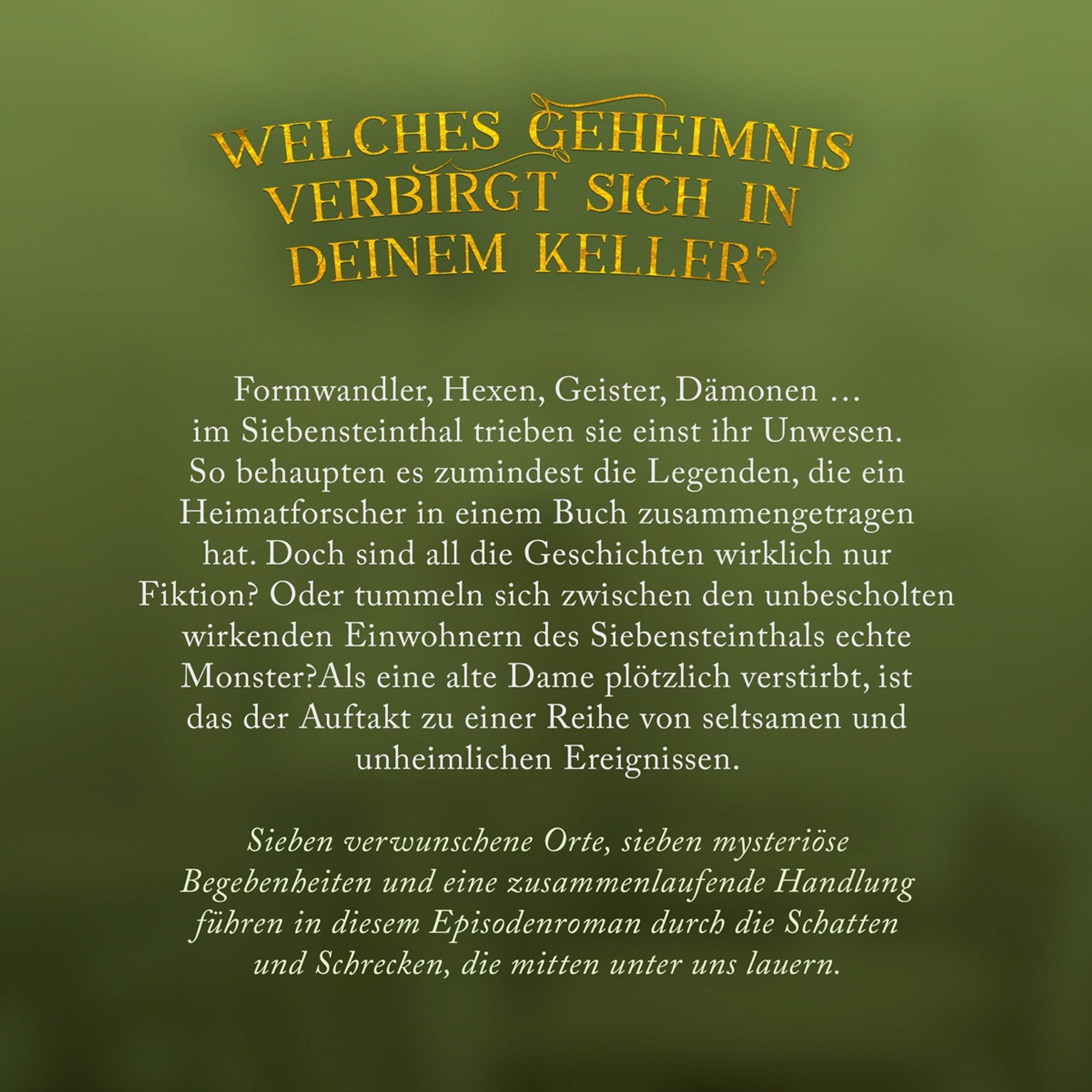 Eine Grafik die den Klappentext zum Episodenroman "Siebensteinthal" zeigt:

Welches Geheimnis versteckt sich in deinem Keller?
 
Formwandler, Hexen, Geister, Dämonen …
im Siebensteinthal trieben sie einst ihr Unwesen. So behaupten es zumindest die Legenden, die ein Heimatforscher in einem Buch zusammengetragen hat. Doch sind all die Geschichten wirklich nur Fiktion? Oder tummeln sich zwischen den unbescholten wirkenden Einwohnern des Siebensteinthals echte Monster?
Als eine alte Dame plötzlich verstirbt, ist das der Auftakt zu einer Reihe von seltsamen und unheimlichen Ereignissen.
 
Sieben verwunschene Orte, sieben mysteriöse Begebenheiten und eine zusammenlaufende Handlung führen in diesem Episodenroman durch die Schatten und Schrecken, die mitten unter uns lauern.