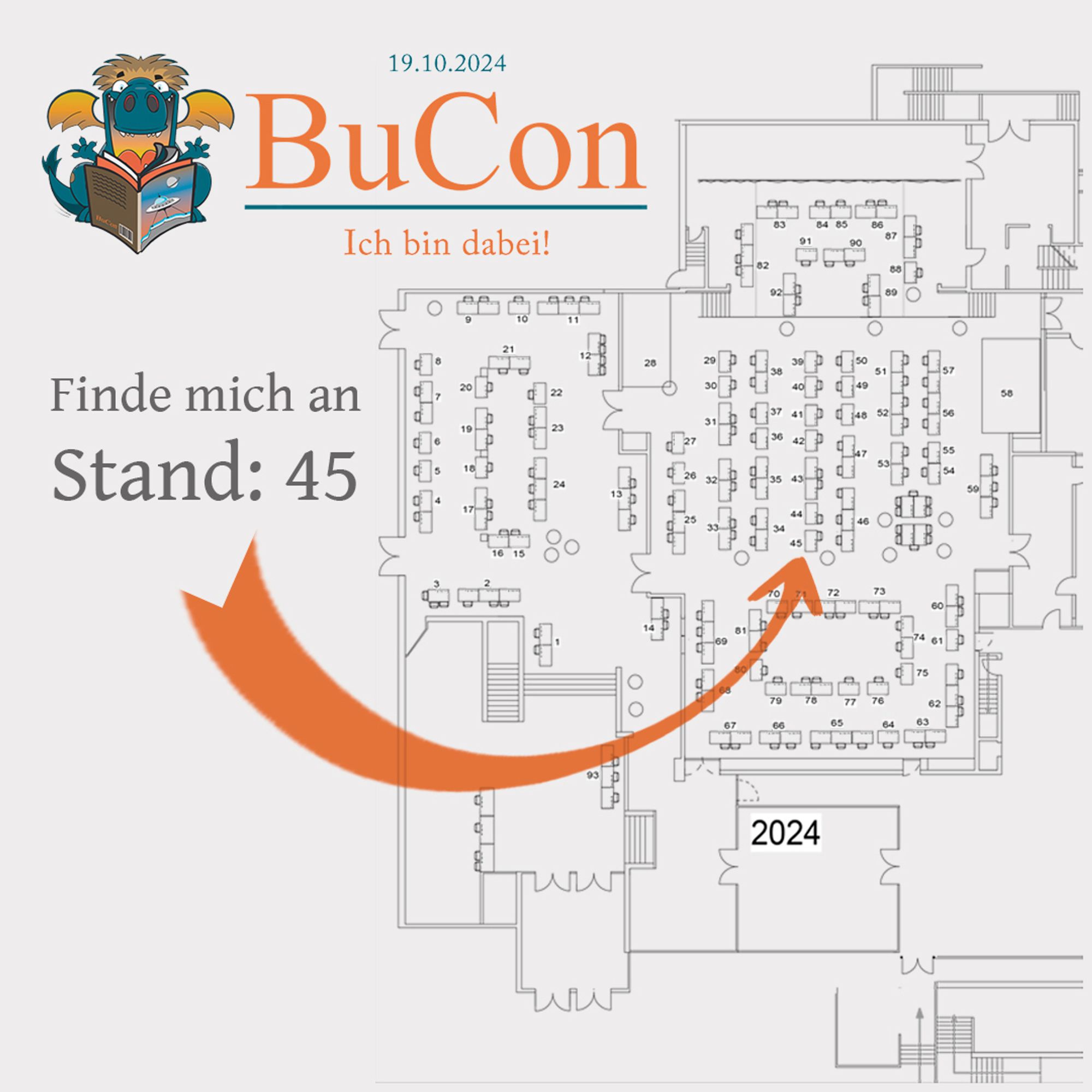 Eine Grafik die den Standplan des BuCon 2024 zeigt. Ein Pfeil weist auf den Stand Nummer 45, der sich am unteren Rand der mittig platzierten Tischreihen befindet (oder auch: rechts außen, wenn mich meine Orientierung nicht täuscht).