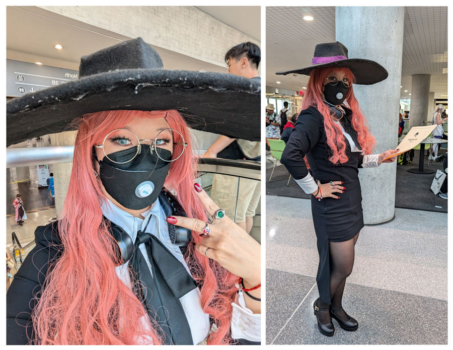 Split photo of a woman cosplaying Sherwood from Spy x Family. Left photo- She has wavy pink hair and bright blue eyes and silver rimmed glasses and wearing a black face mask and is giving a peace sign. She is wearing a black and white dress with a large bow neck tie.  Right is the woman standing and posing with a top secret folder