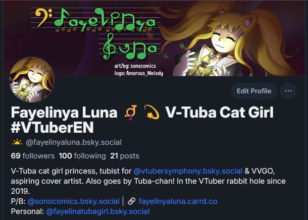 Fayelinya Luna's Bsky profile, sitting at 69 followers (nice), 100 following, and 21 posts (at the time of posting)