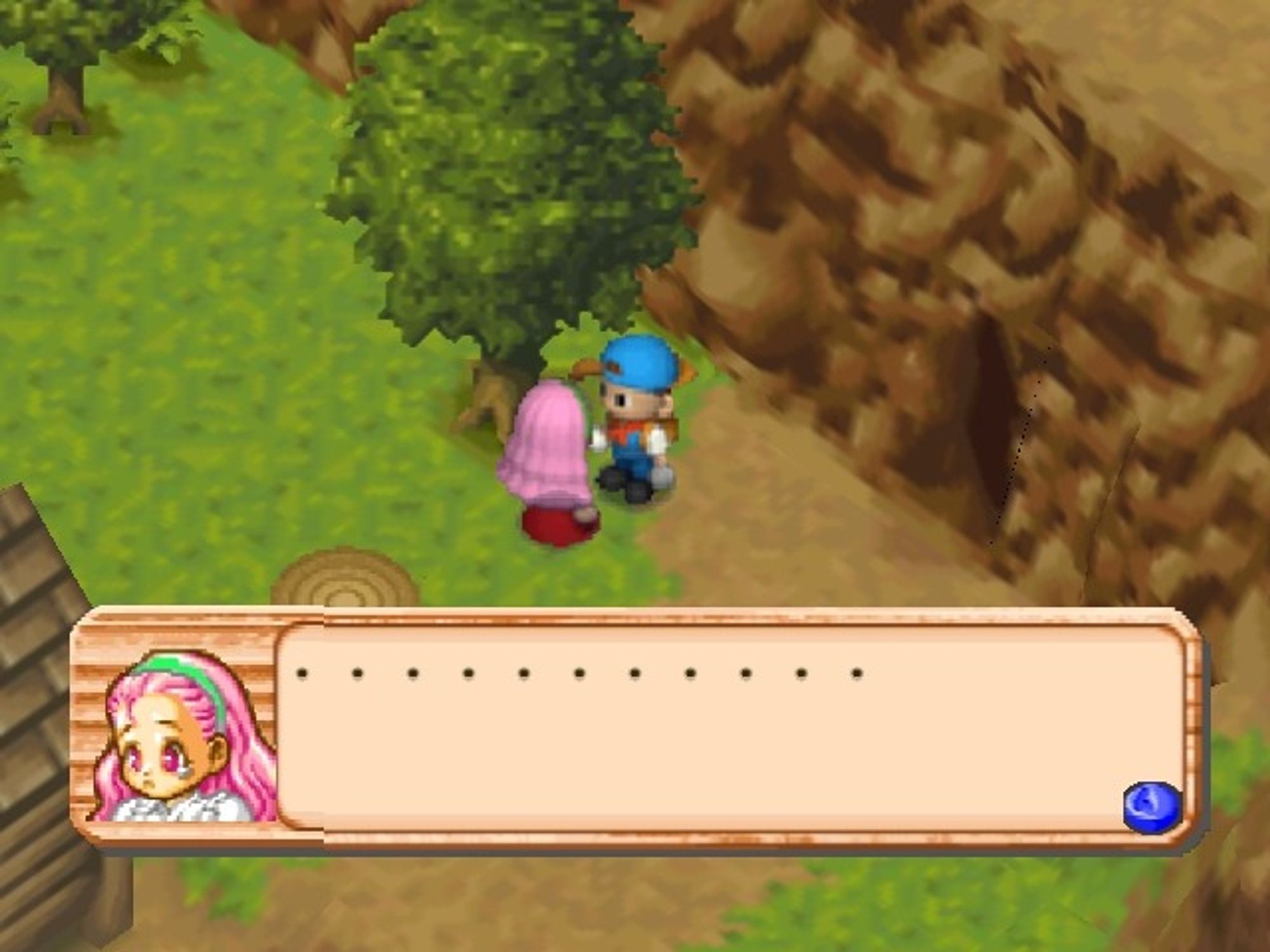 A screenshot of the Nintendo 64 video game Harvest Moon 64 (牧場物語2) featuring the player character speaking to Popuri at Moon Mountain. Popuri looks sad, with her dialog box reading "............"