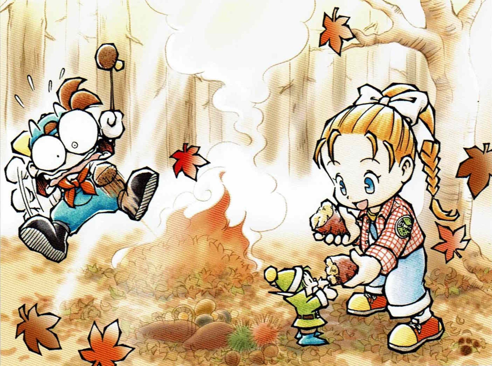 Artwork of Pete, the protagonist of the classic games in the Story of Seasons (formerly "Harvest Moon"), and Ran, formerly known as Ann, in an Autumn-themed scene. Ran is giving half of a freshly roasted yam to a Harvest Sprite while Pete attempts to roast a mushroom. An acorn is bursting from the cooking fire towards Pete's face.