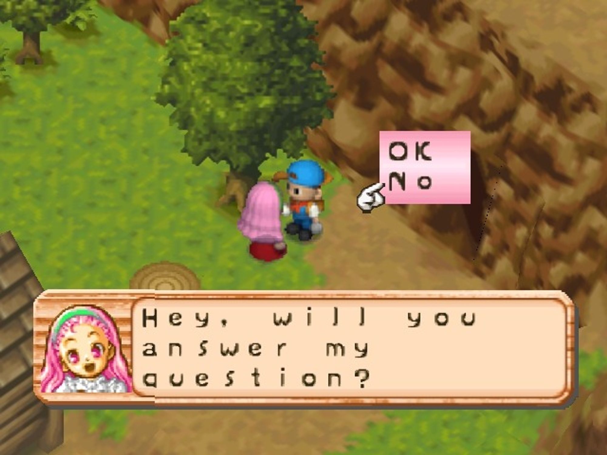 A screenshot of the Nintendo 64 video game Harvest Moon 64 (牧場物語2) featuring the player character speaking to Popuri at Moon Mountain. Popuri's dialog box reads "Hey, will you answer my question?" with a dialog select box highlighting "No."