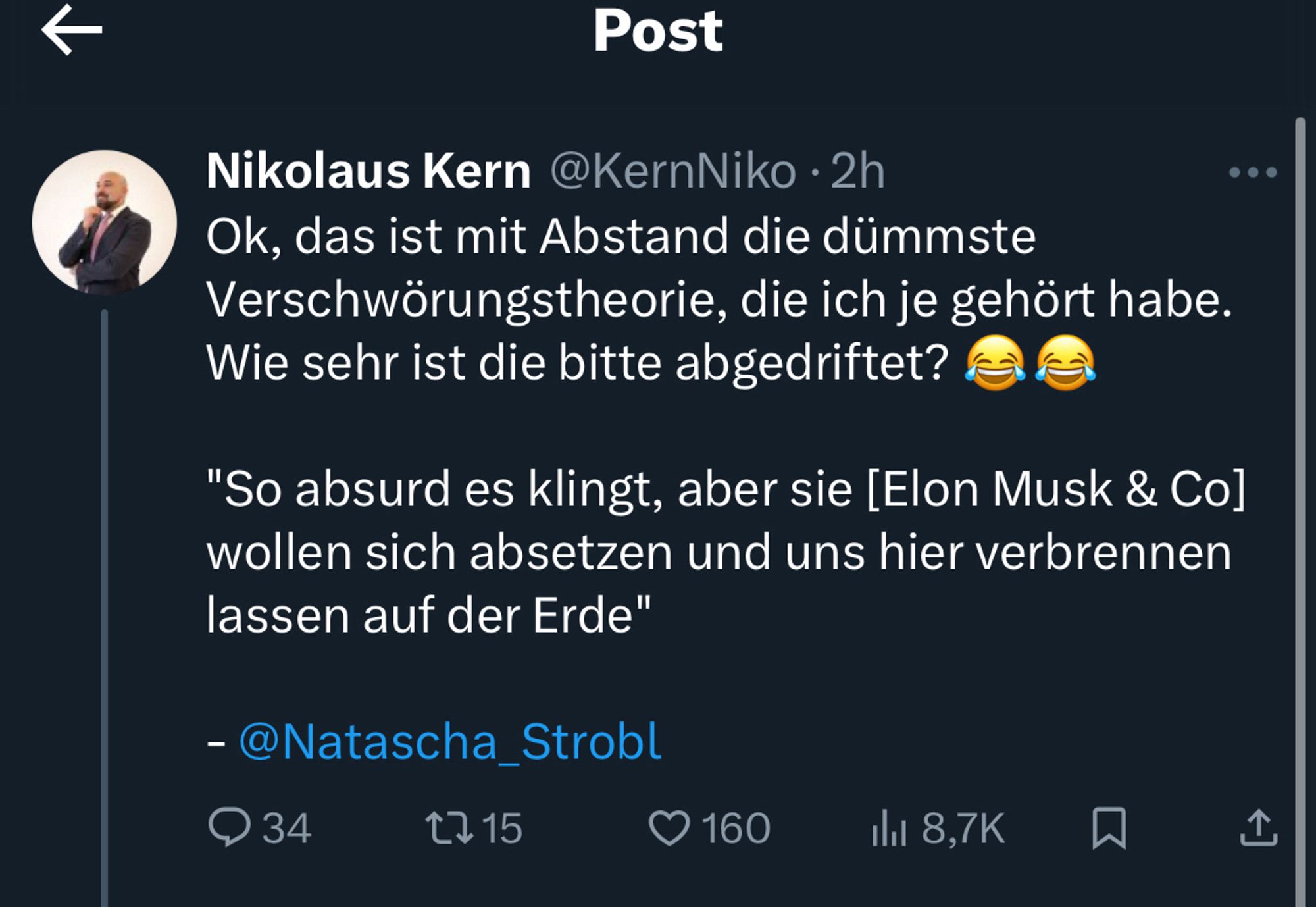 Ok, das ist mit Abstand die dümmste Verschwörungstheorie, die ich je gehört habe. Wie sehr ist die bitte abgedriftet? 😂😂

"So absurd es klingt, aber sie [Elon Musk & Co] wollen sich absetzen und uns hier verbrennen lassen auf der Erde"

- @Natascha_Strobl