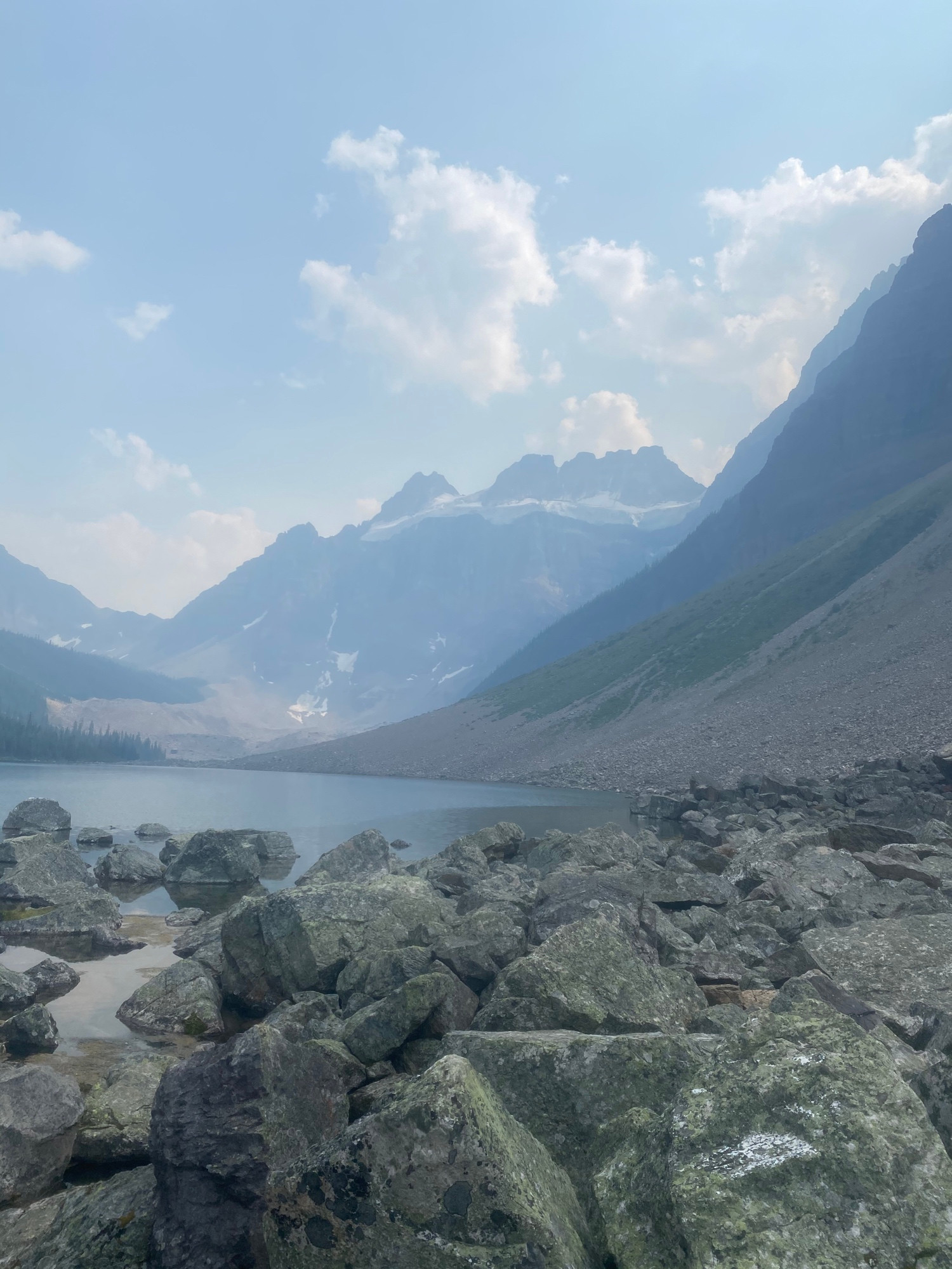 A view of the valley about 1 1/2 half past Moraine lake in Lake Louise Alberta.  Hazy mountain days are recommended for all that ails you. 