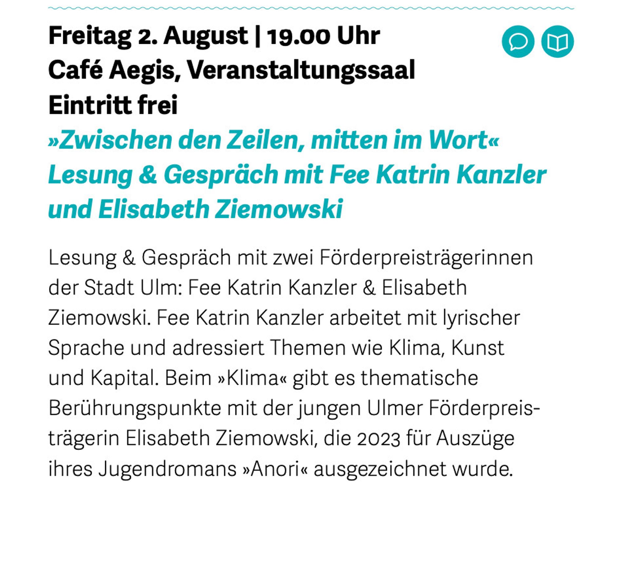 Auszüge aus dem Programm des Ulmer Lyriksommers. Mit dabei sind unter anderem Nancy Hünger, Martin Piekar, Christine Langer, Elisabeth Ziemowski und Fee Katrin Kanzler.