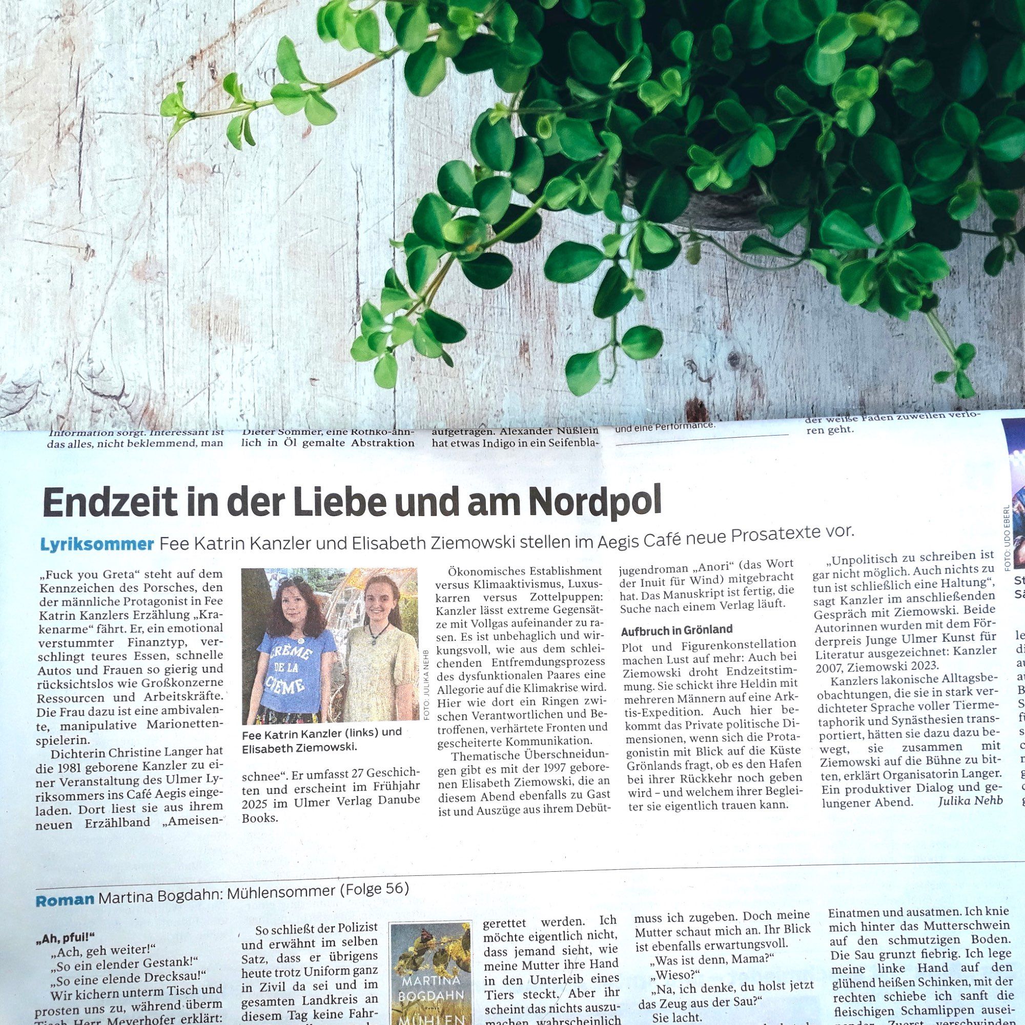 Zeitungsartikel aus der Südwest Presse mit dem Titel „Endzeit in der Liebe und am Nordpol“ über Fees jüngste Lesung.