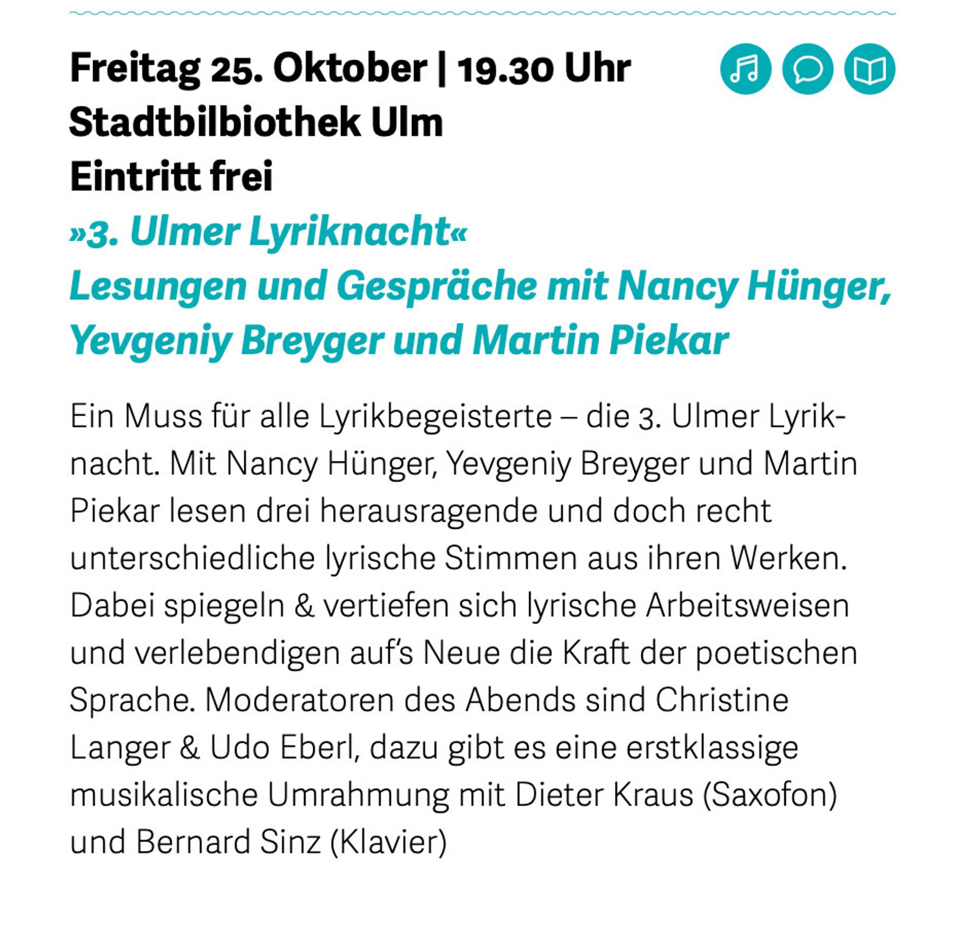 Auszüge aus dem Programm des Ulmer Lyriksommers. Mit dabei sind unter anderem Nancy Hünger, Martin Piekar, Christine Langer, Elisabeth Ziemowski und Fee Katrin Kanzler.