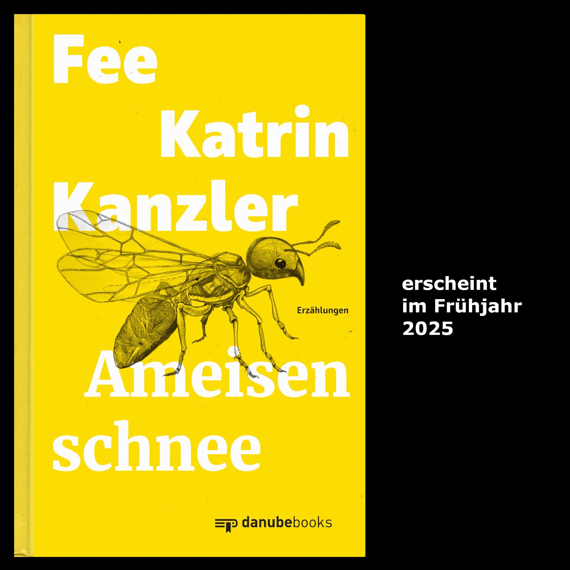 Das Buchcover von Fees Erzählungsband „Ameisenschnee“, weiße Typografie auf knallgelbem Grund. Im Design eingearbeitet Fees Zeichnung einer Ameisenkönigin.