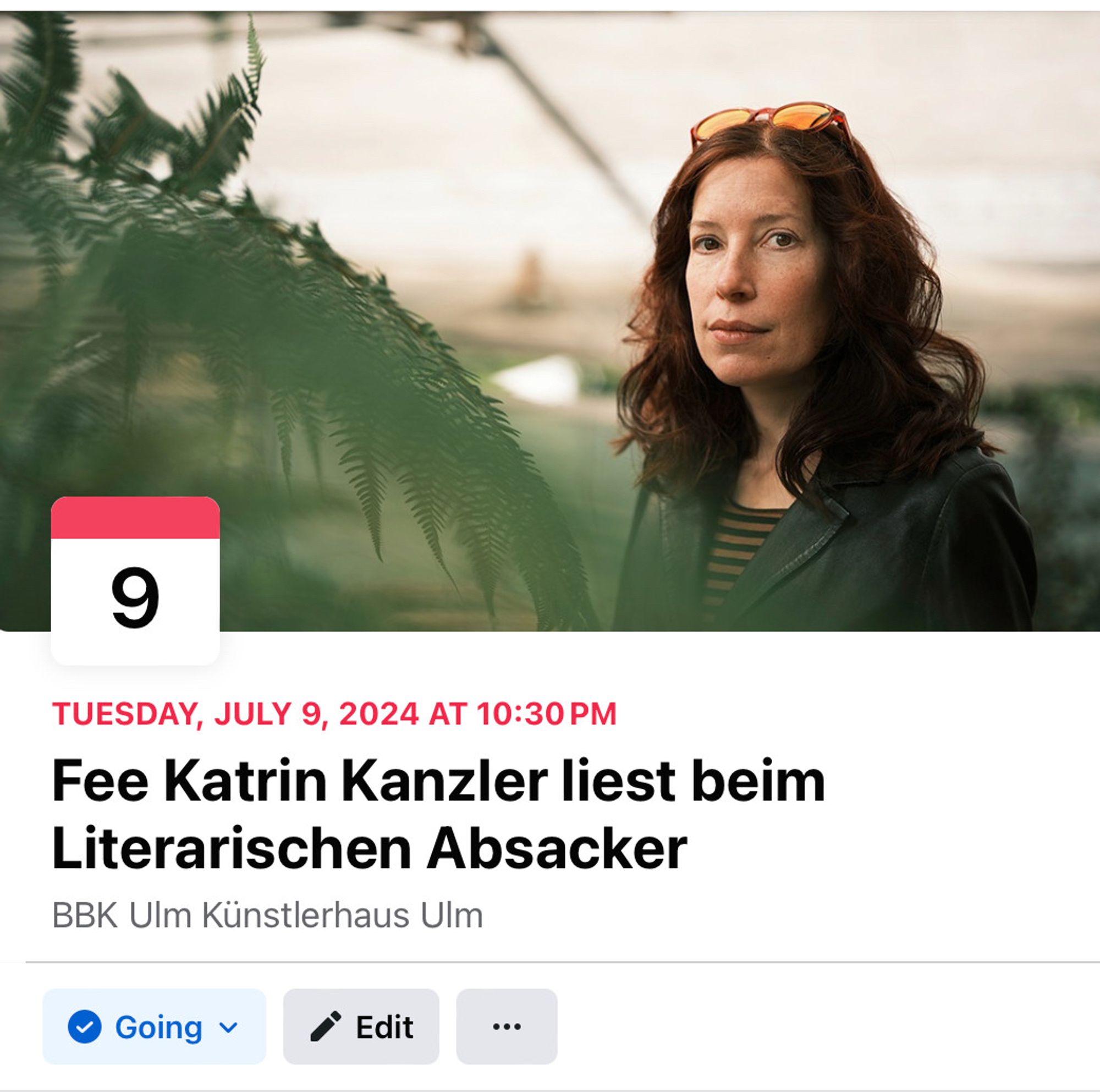 Eventankündigung zum literarischen Absacker am 9. Juli um 22:30 Uhr im Künstlerhaus Ulm.