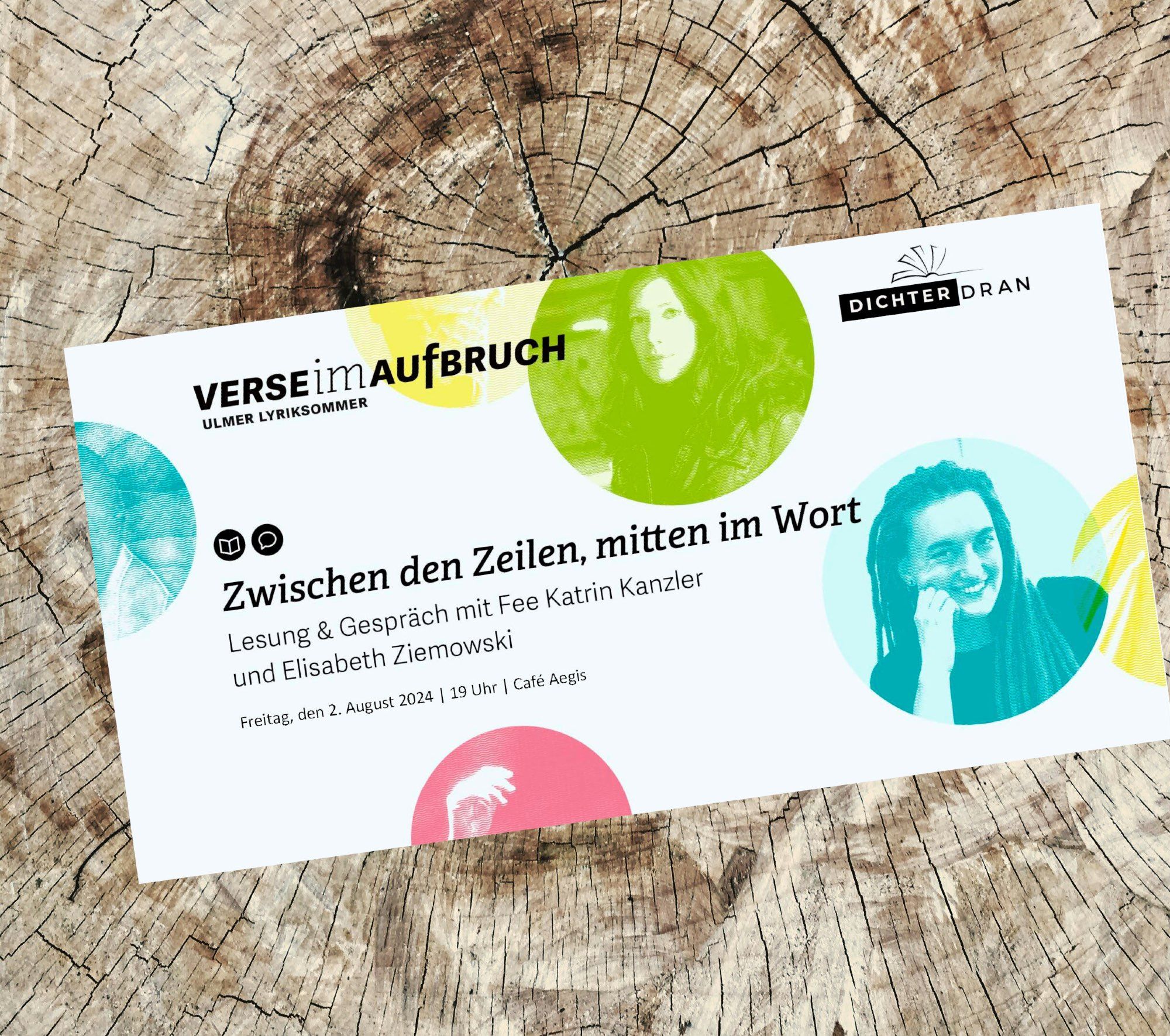 Ein Flyer für Lesung & Gespräch mit Fee Kanzler und Elisabeth Ziemowski am 02.08.24 um 19 Uhr im Aegis Café in Ulm.