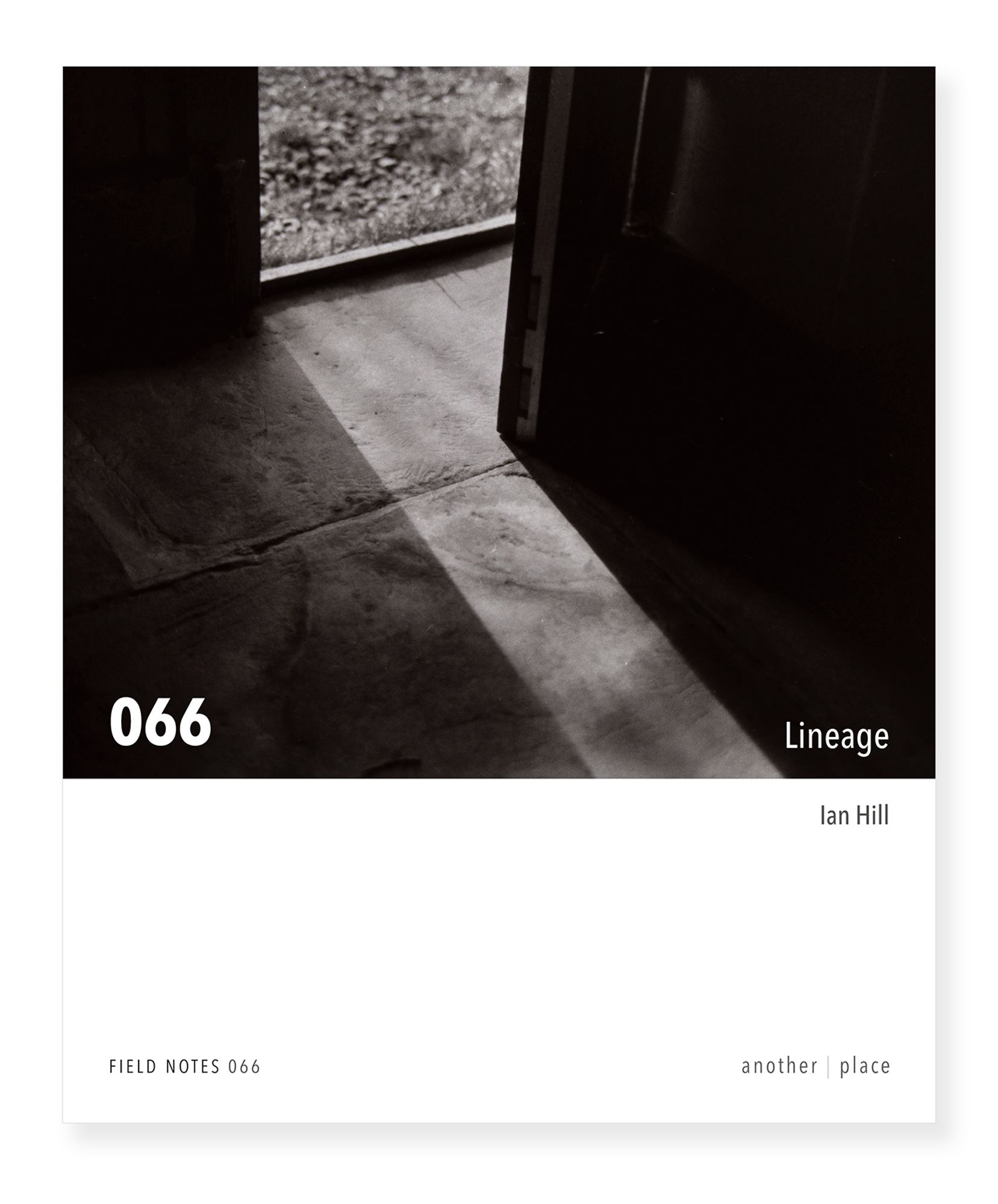 Cover of zine 'Lineage' showing a b&w image of light entering through a doorway on a stone floor.