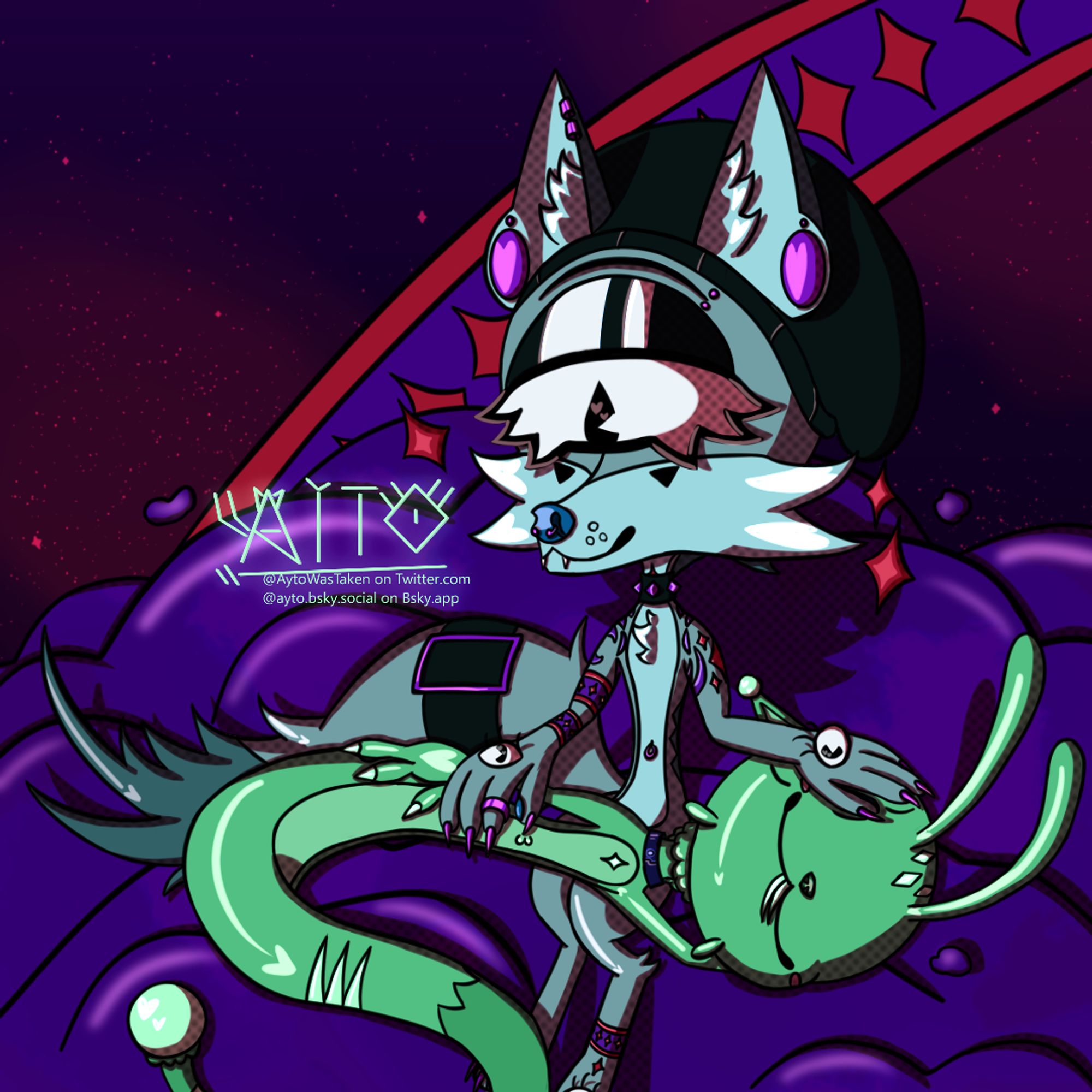 A picture of a gray coyote with 1 big eye and smaller ones around his body, purple piercings and red-purple star tattoos smiling petting a green slug-like alien creature resting on his lap while on the head with the creature's tongue out!
The background has purple clouds, with a red starry sky, and a ring with stars!