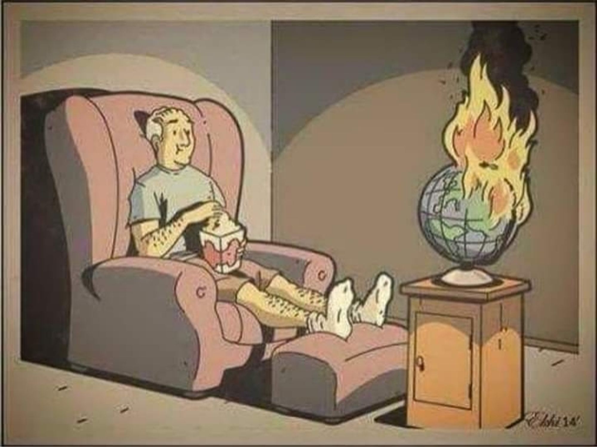 "Man watching the world burn." Old white man sitting in his armchair, eating popcorn, and watching a globe in front of him, that is set on fire.