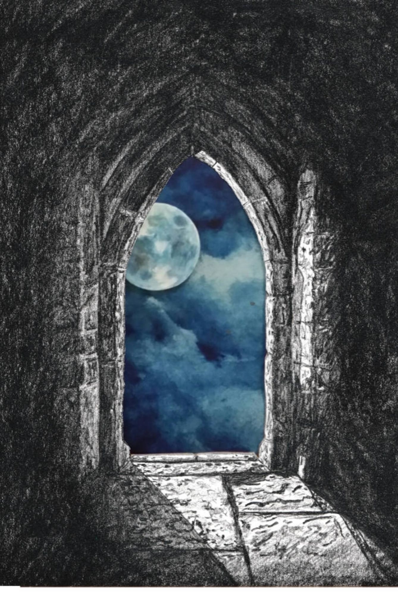 Graphit and watercolour:
The moonlight shining through a window without glas in an old grey stonebuilding. darkblue partly cloudy sky.