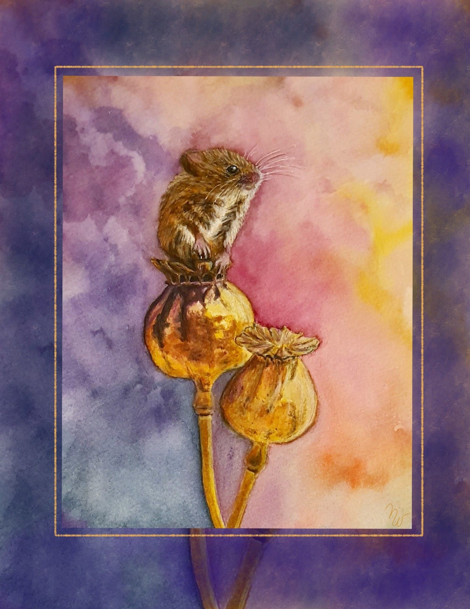 Watercolour painting:
A harvest mouse sitting on a poppy seed capsule infront of a colourful background.