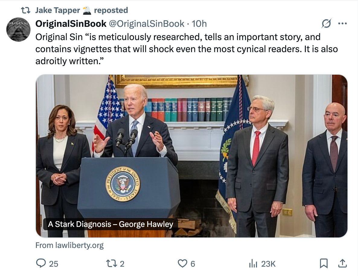 Jake Tapper retweeting the Twitter account he set up for his Biden book praising his reporting.