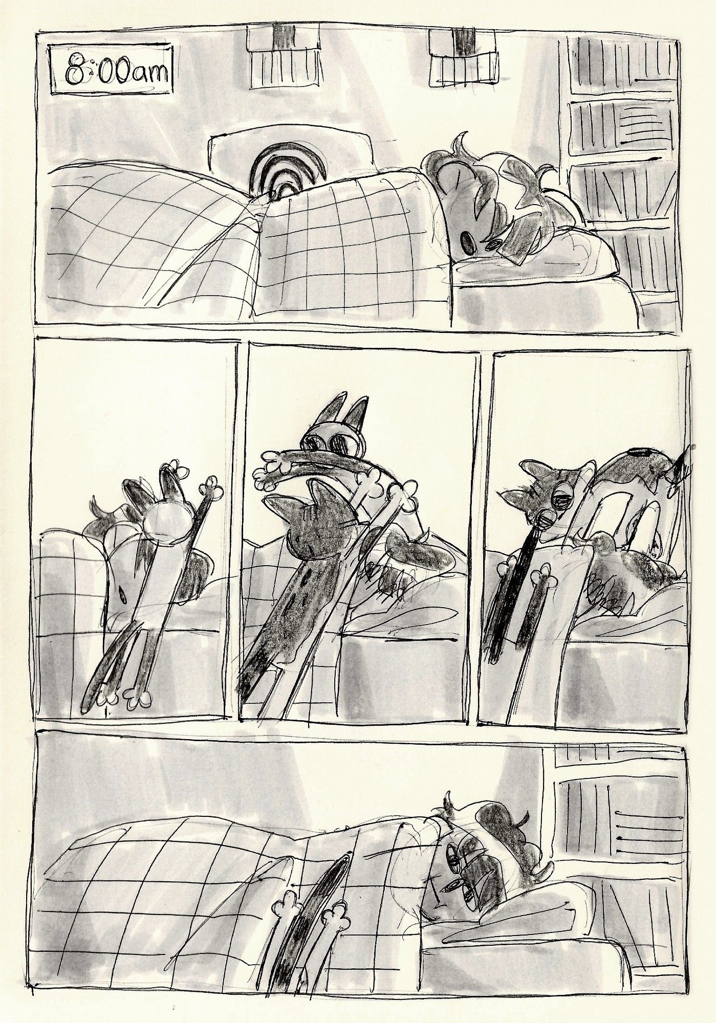 A pencil and pen sketch of the first comic. A comic. Frame 1: A girl sleeps in bed. Frame2: a cat jumps over her head. Frame 3: a second cat jumps over her head. Frame 4: the first cat jumps out of frame as the second cat watches. Frame 5: the second cat follows, leaving the girl awake and annoyed.