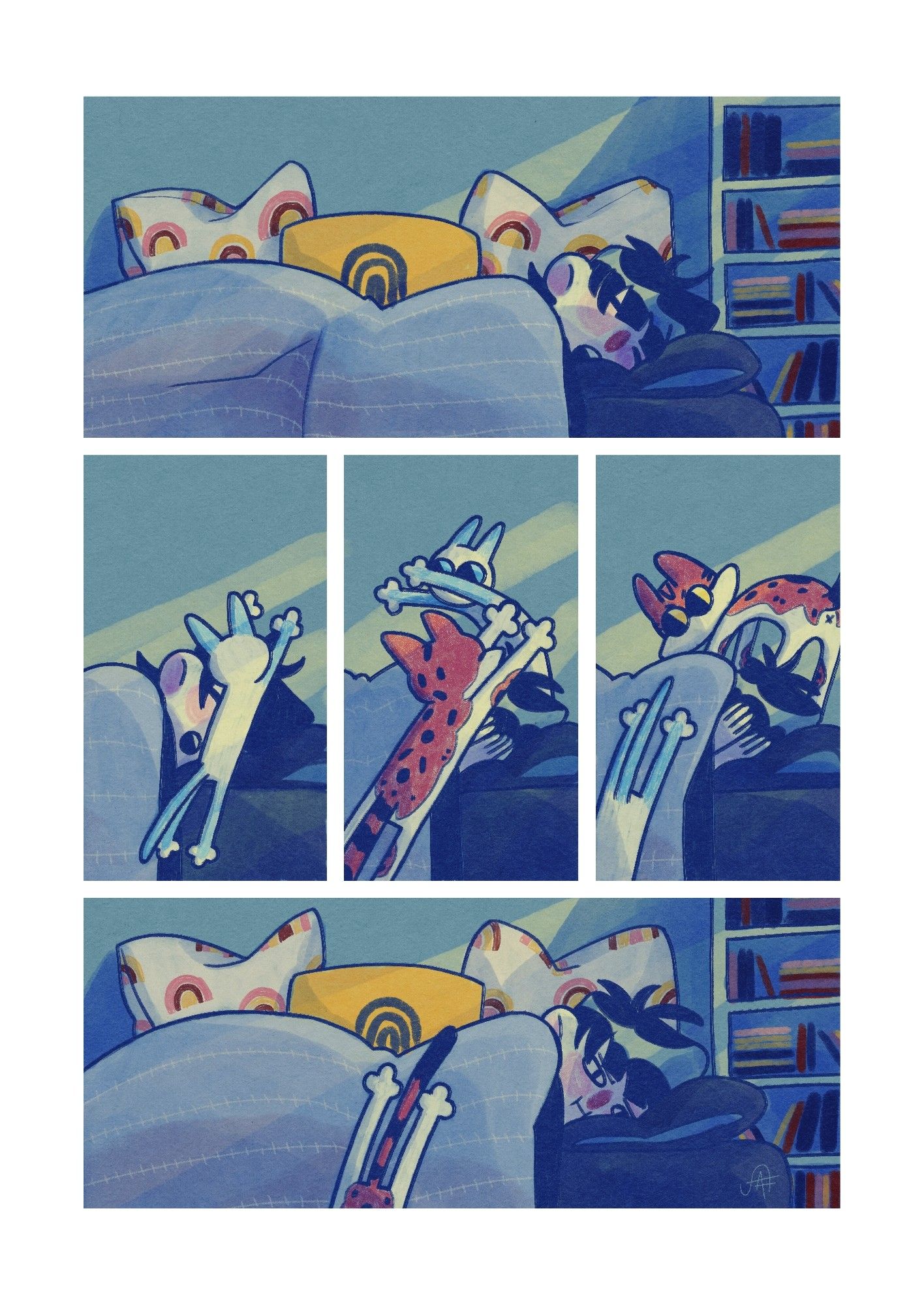 A comic. Frame 1: A girl sleeps in bed. Frame2: a cat jumps over her head. Frame 3: a second cat jumps over her head. Frame 4: the first cat jumps out of frame as the second cat watches. Frame 5: the second cat follows, leaving the girl awake and annoyed.