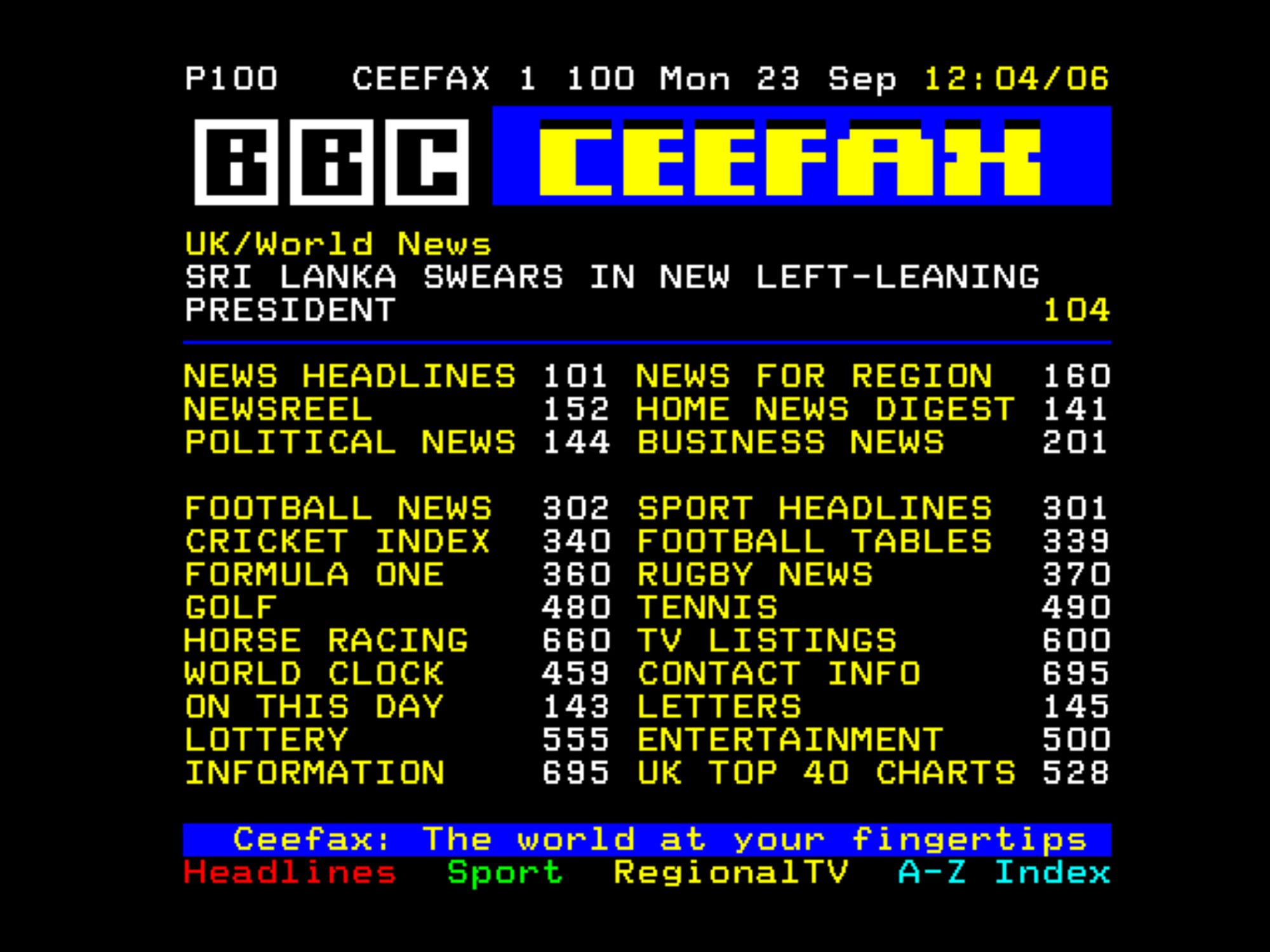 Index page of Nathan Dane's recreated Ceefax service showing today's date and news headline.