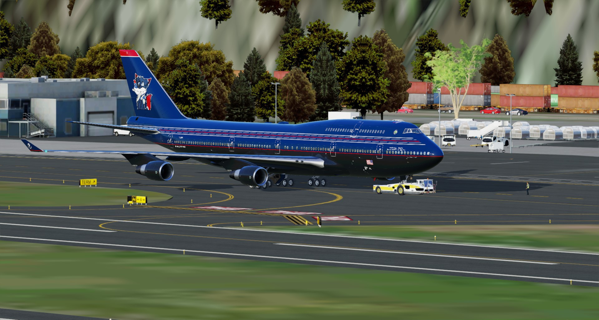 Boeing 747-400 pushed back at BFI / Boeing Field in Seattle, Washington, heading out to Reno.