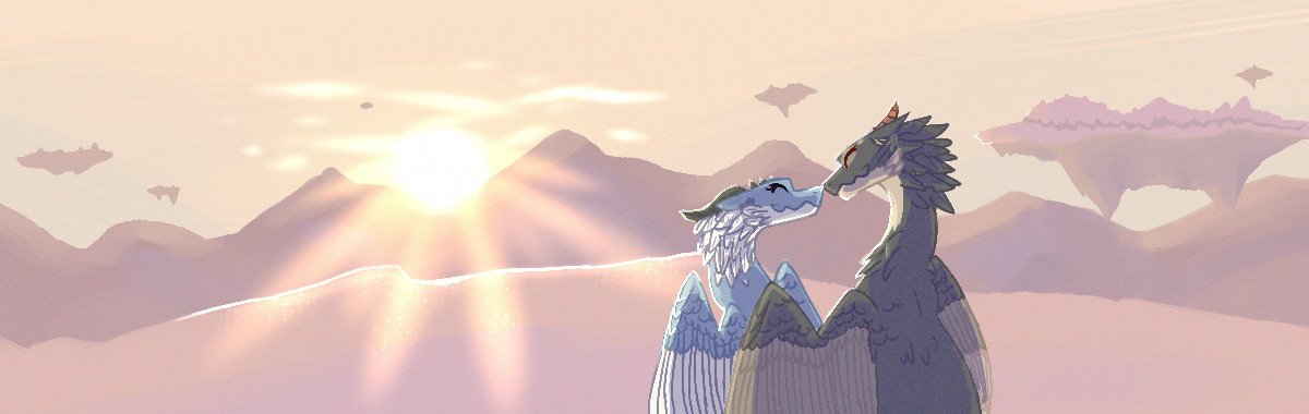 On a floating island covered in snow, two drakainas nuzzle their heads together as the first rays of morning sun break over distant mountain peaks.