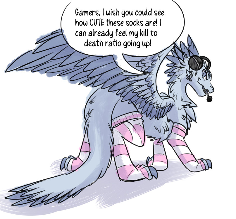 Pret, a Southern Dragon from the novel series Dragons and Skylines, in flattering pink and white socks.