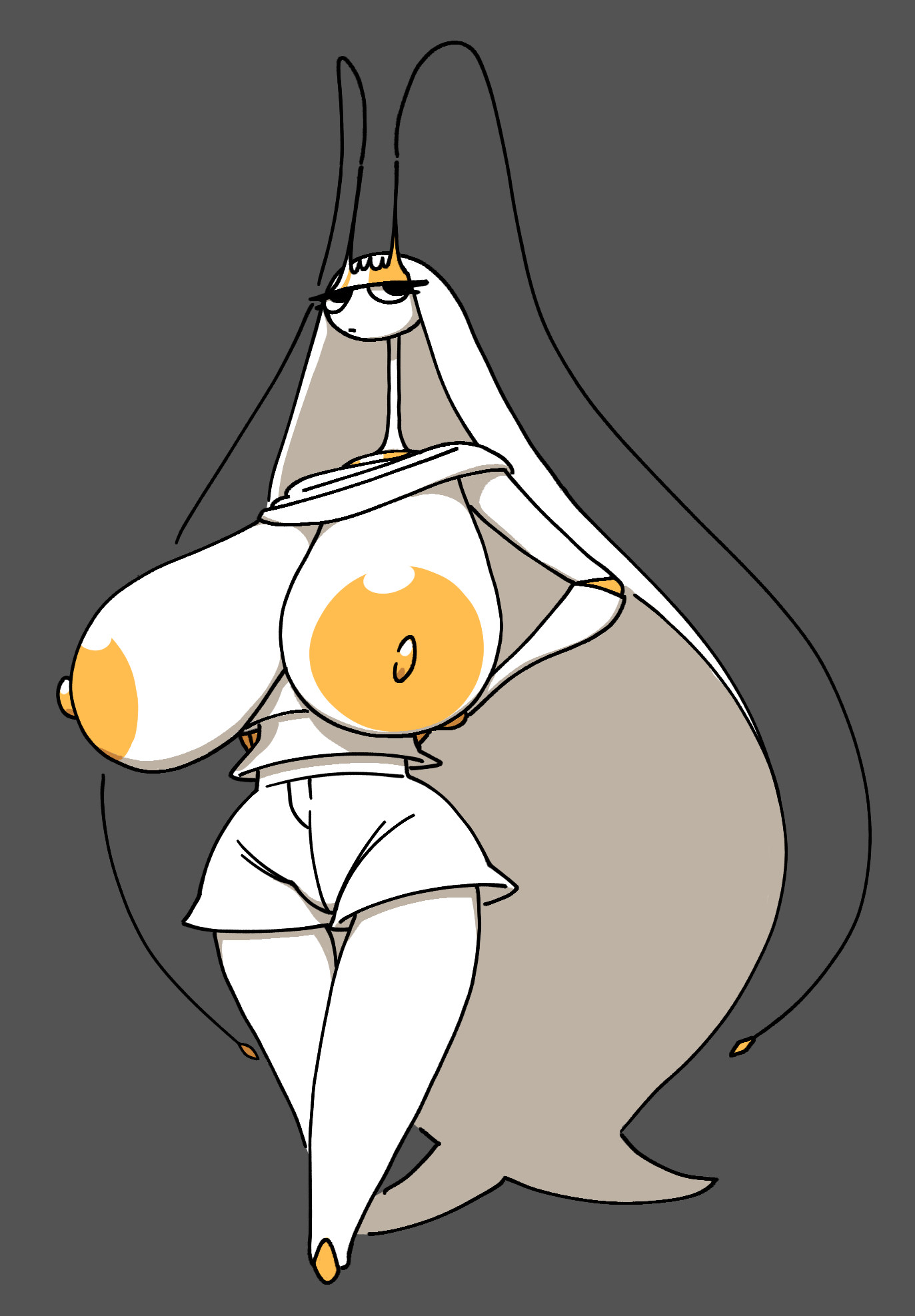 pheromosa with huge breasts wearing white shorts