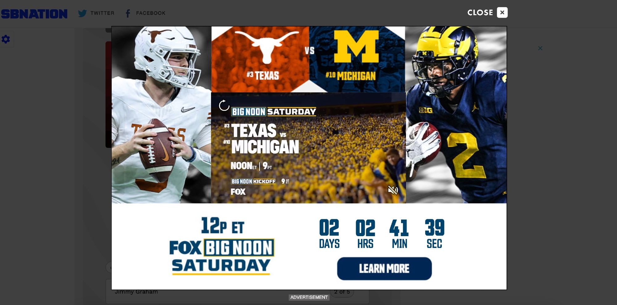 A screenshot of a website where a big s plash ad has taken over the page. Occupying most of the page, it is an advertisement for Texas vs. Michigan on Saturday.