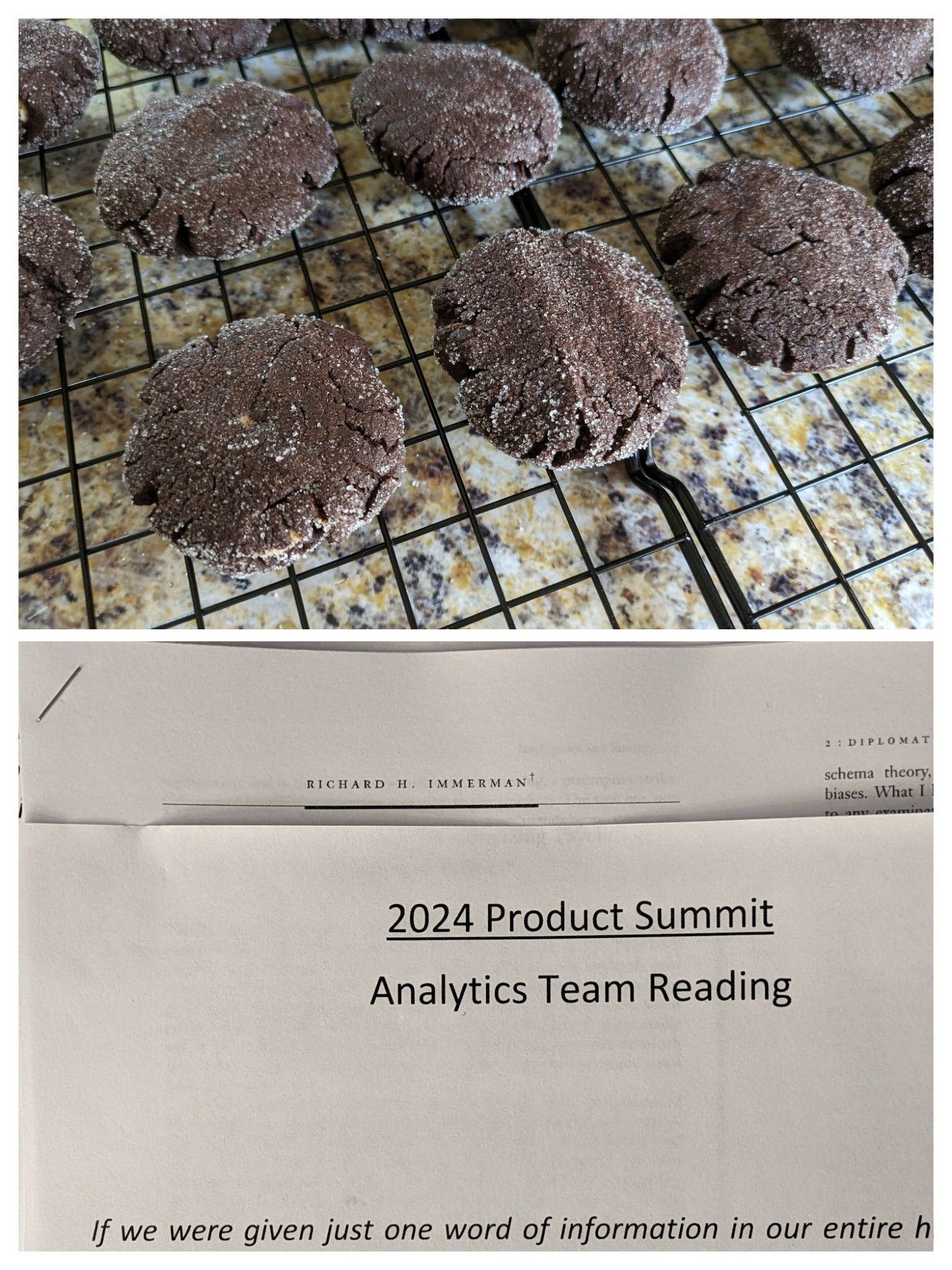 A collage with two photos stacked on top of each other. In the top photo are chocolate peanut butter cookies. In the bottom photo is an image of two sets of paper together.