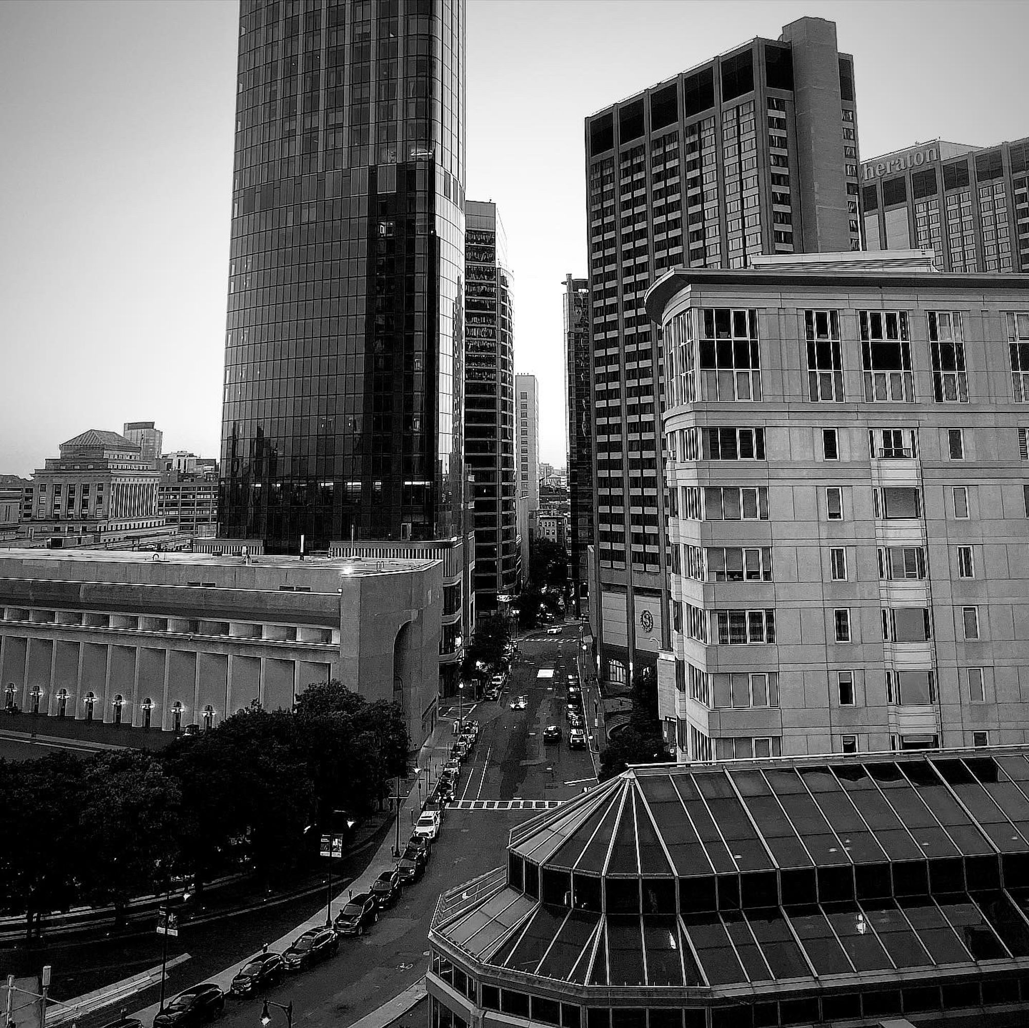 A city view of old and new buildings in black and white