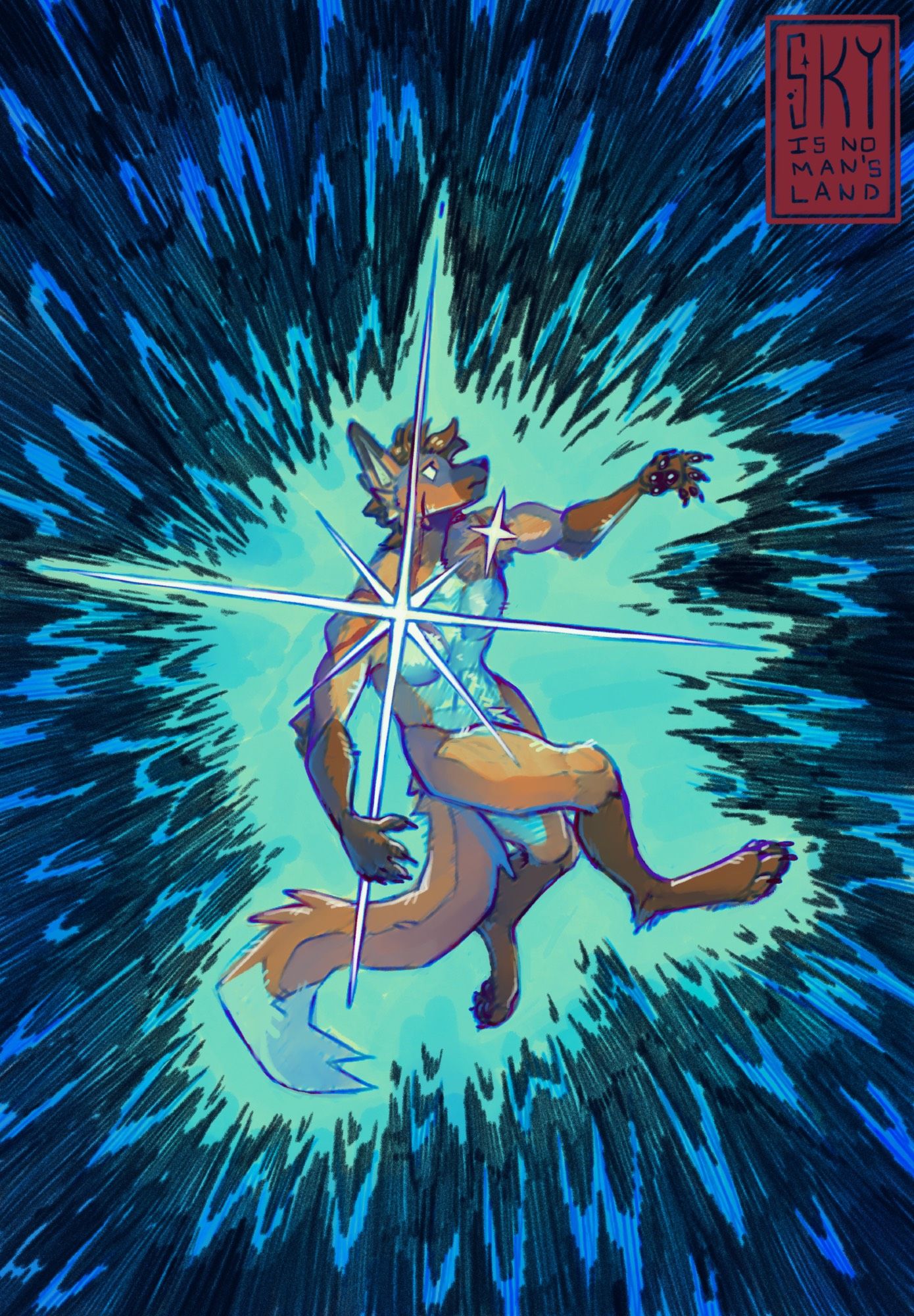 A loose color sketch of a maned wolf suspended in space. The two distinct scars on their body illuminating as bright, brilliant stars.