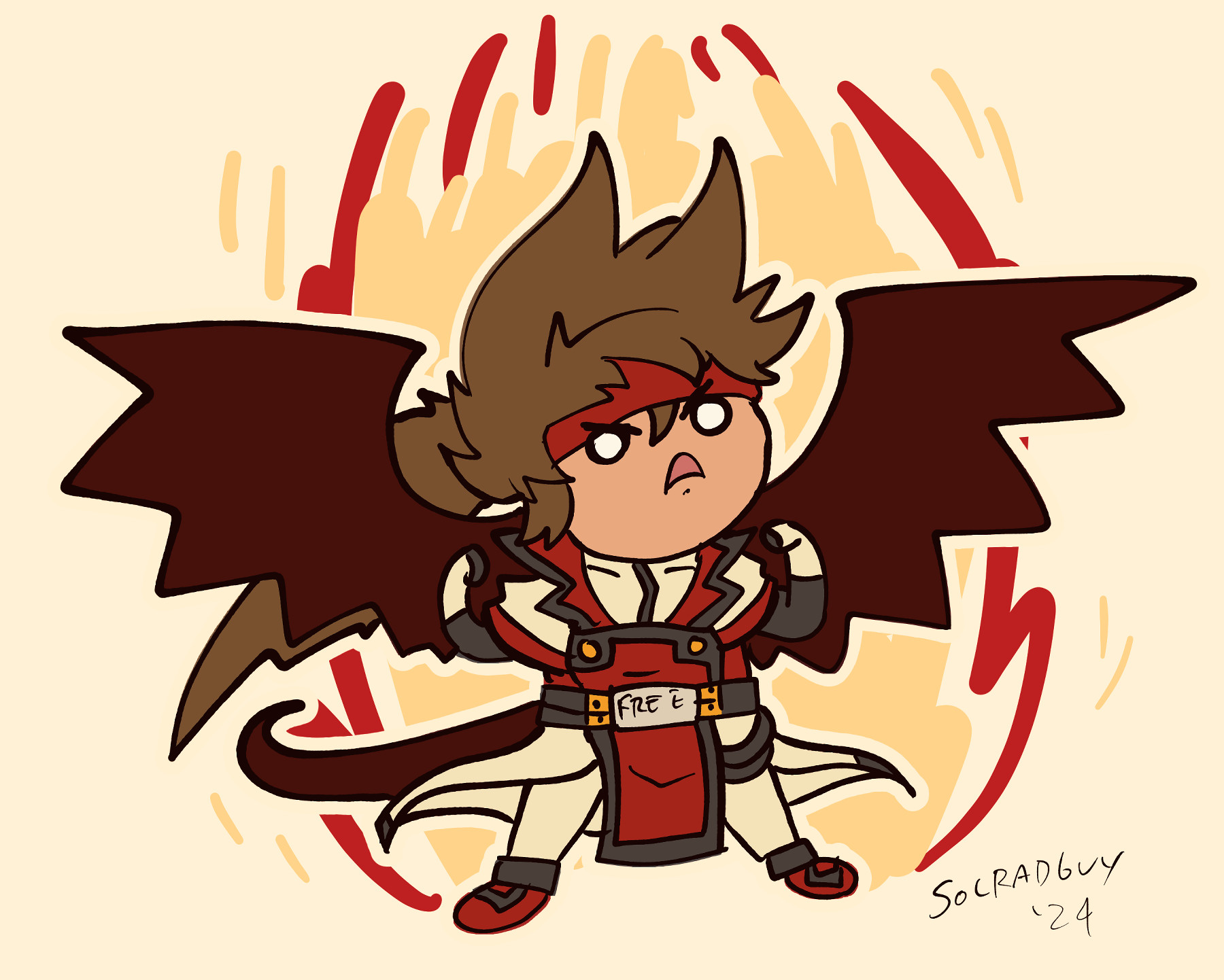 Order Sol from Guilty Gear XX drawn in a simple cutesy style. He's doing a powerup like a Dragonball Z character with black wings and a tail sprouting out of him.