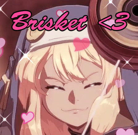 A screenshot of Bridget from Guilty Gear Strive. Pink text above her says "Brisket" with a heart made from a < and a 3. Her eyes are closed and she's smiling like a cat emoji with a 3 for the mouth. Sparkles and hearts surround her.