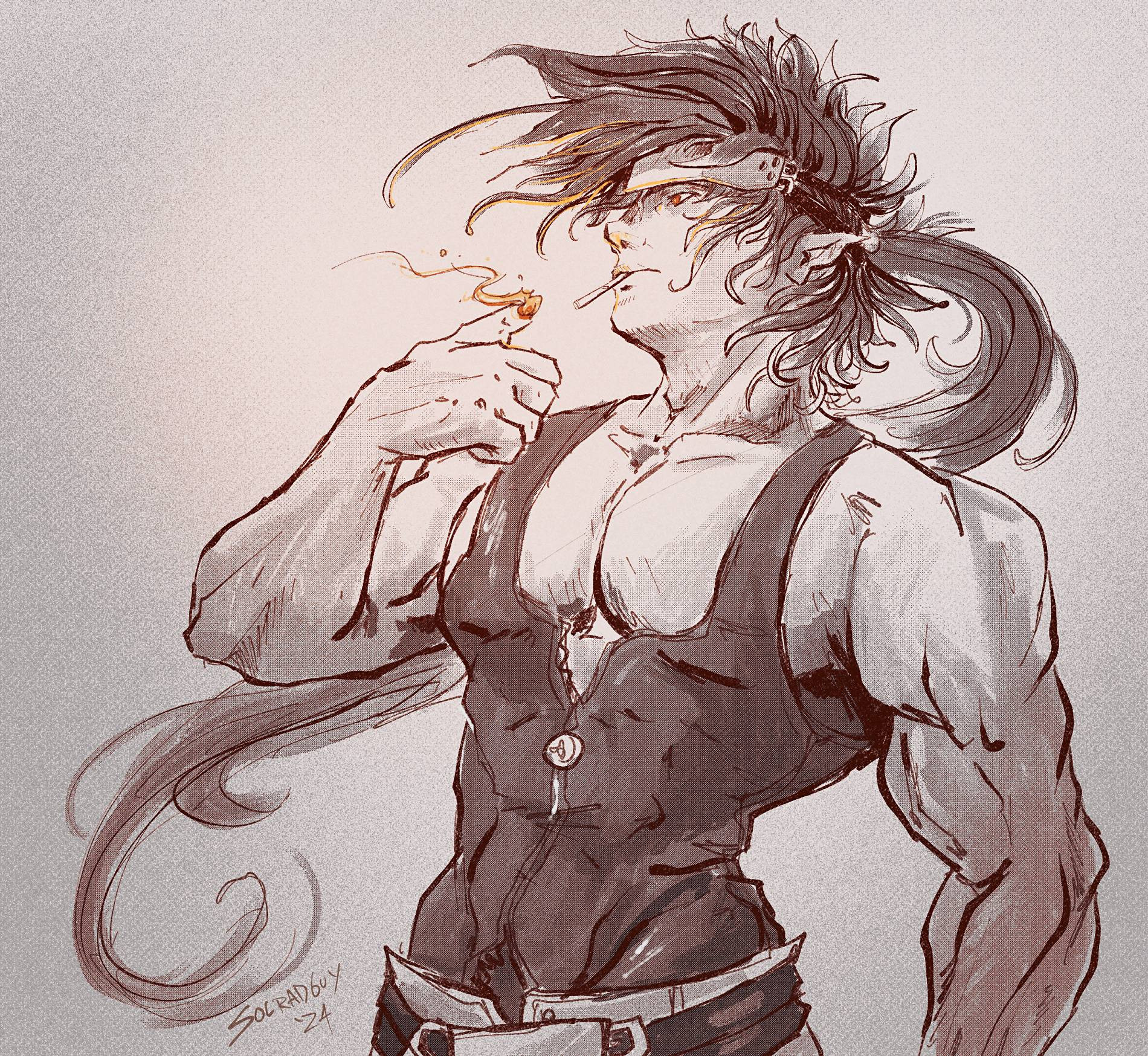 Sol Badguy drawn in a loose, sketchy, style with highly textured greyscale shading. He's wearing a tight tanktop and leaning back slightly, lighting a cigarette off a spark of fire on his thumb.