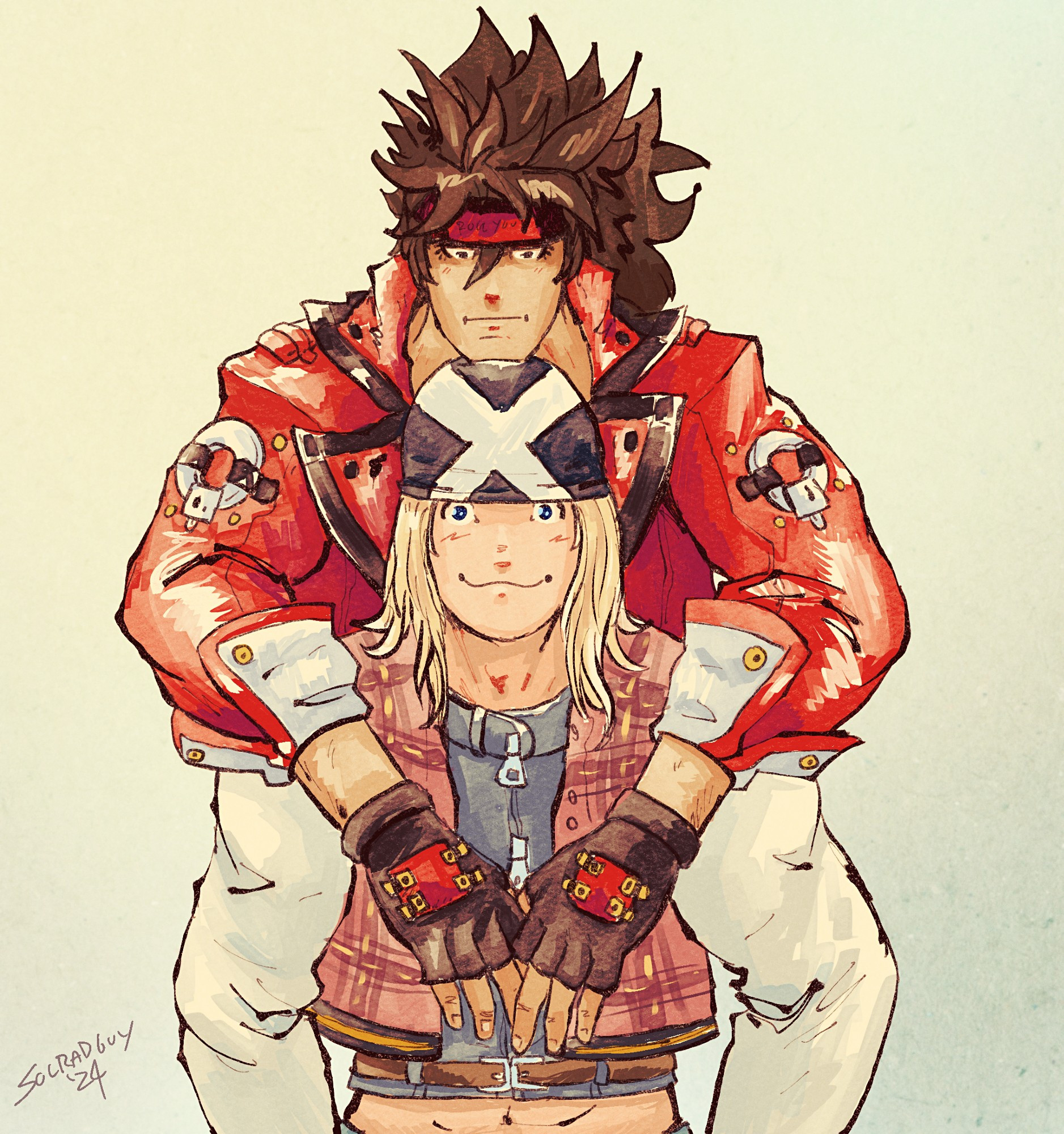 Sol Badguy leaning over Axl Low with his hands loosely crossed in front of Axl's chest and his chin resting on his head. Axl is wide-eyed, but smiling and blushing faintly.