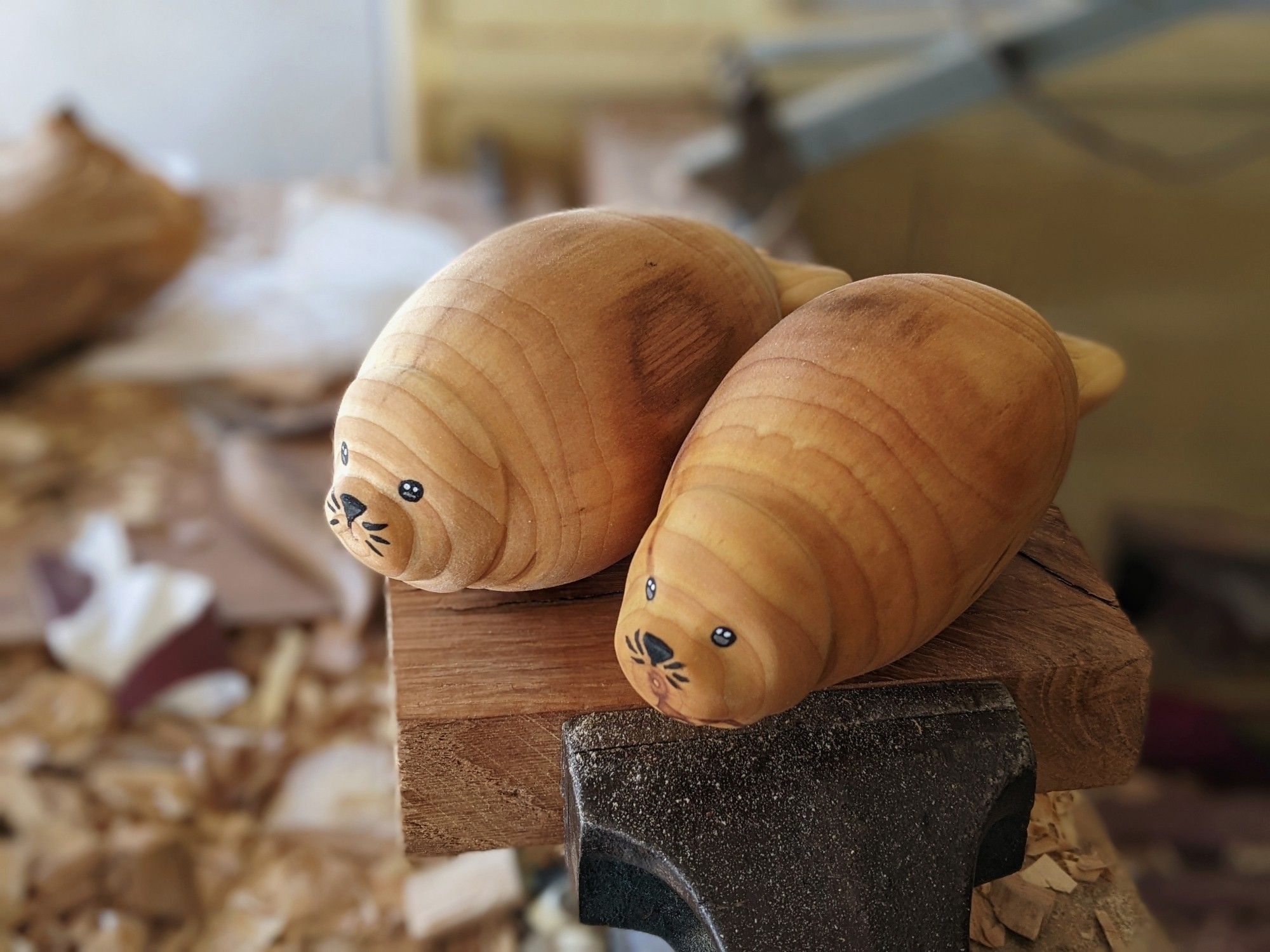 Deux phoques dodus en bois. Ils sont en postier allongés. Ils ont des bourrelets et sont dorés comme des viennoiseries. Ils sont posé sur une planche prise fans un étau. Dans le flou inyplan de travail bordélique.