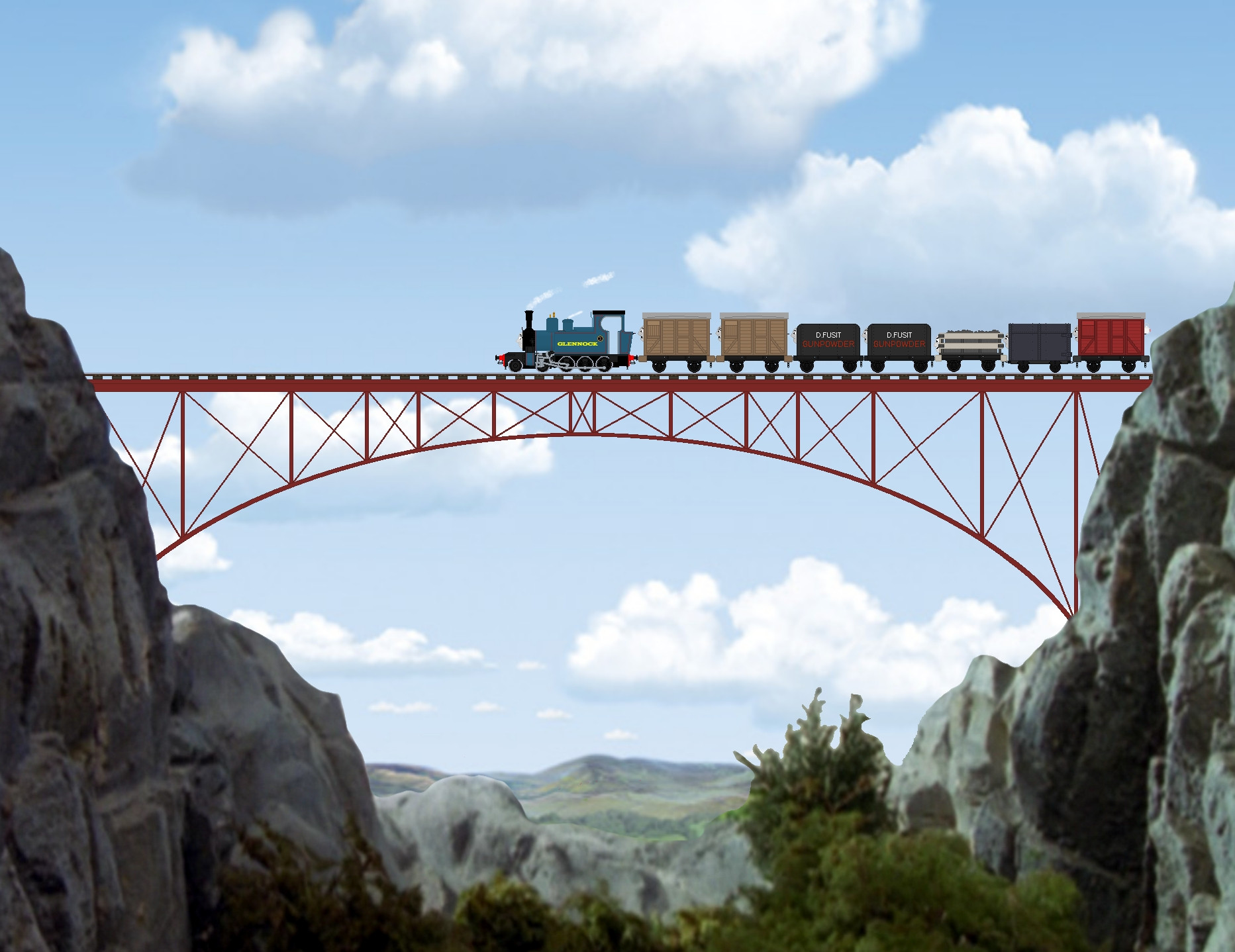 A sprite scene of the Old Iron Bridge from the TTTE Series 5 episode "Duncan Gets Spooked", featuring an original character of mine: Glennock, a Hunslet War Office 4-6-0T narrow gauge engine.

The background is from Princess-Muffins on DeviantArt, and the engines and rolling stock are sourced and modified from Princess-Muffins and SplendidEngine02.