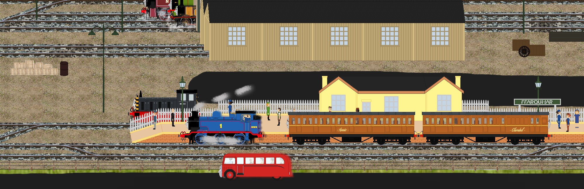 A sprite scene of Ffarquhar Station based on the Railway Series layout, featuring Thomas racing Bertie in the foreground as Mavis watches from the platform and Annie and Clarabel wait at the platform. In the background, Stepney, Percy, and Rosie can be seen in the engine shed.

The background is from WLLNERJ50 on DeviantArt, and the engines and rolling stock are sourced and modified from Princess-Muffins, LocoSprites, PassingThruPictures, CJ-the-Creator, StarPrince52 and SplendidEngine02.