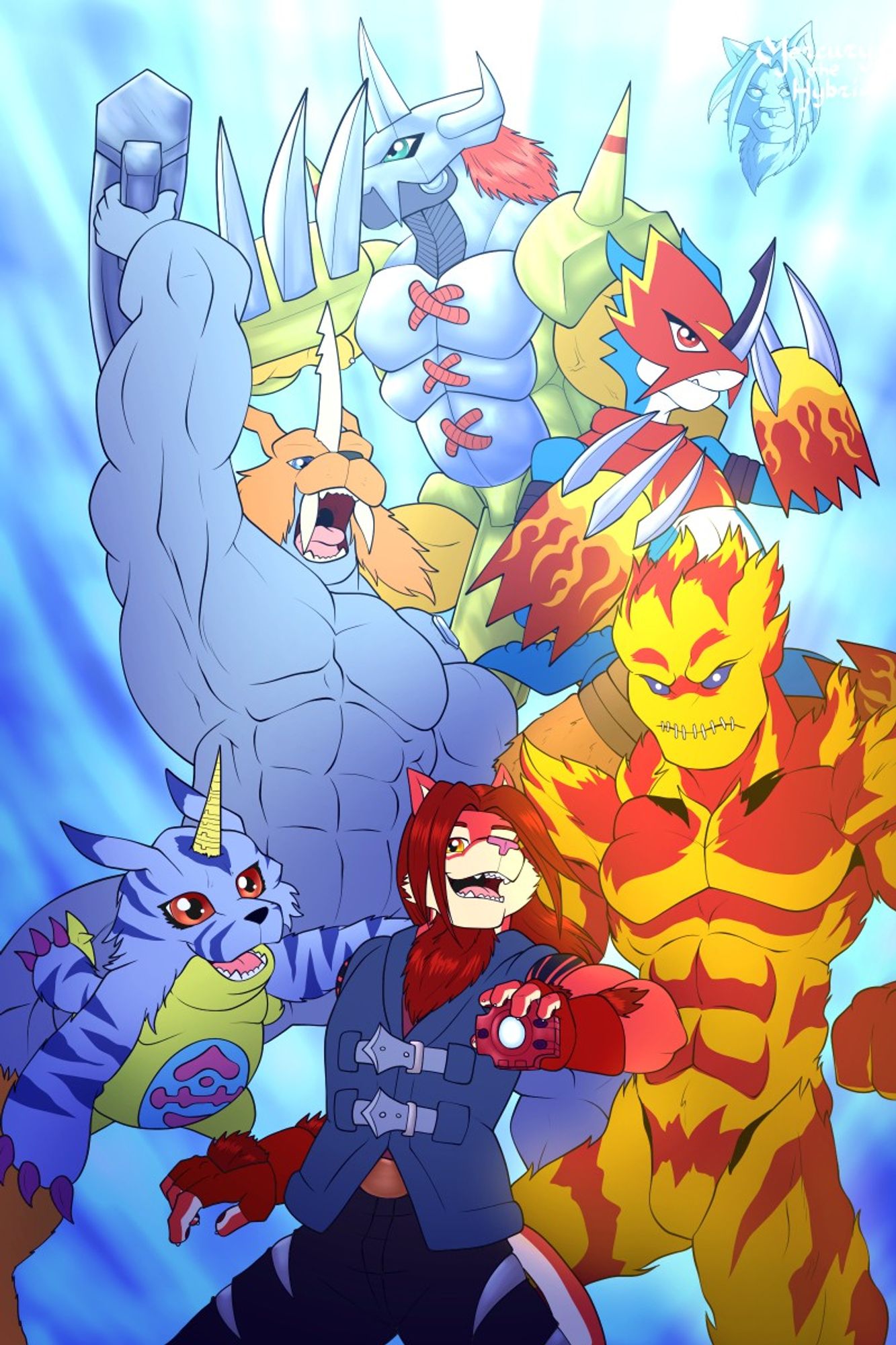 Mercury holding a  Red Digivice with Gabumon, Meramon, Zudomon, Flamedramon, and Wargreymon behind him.