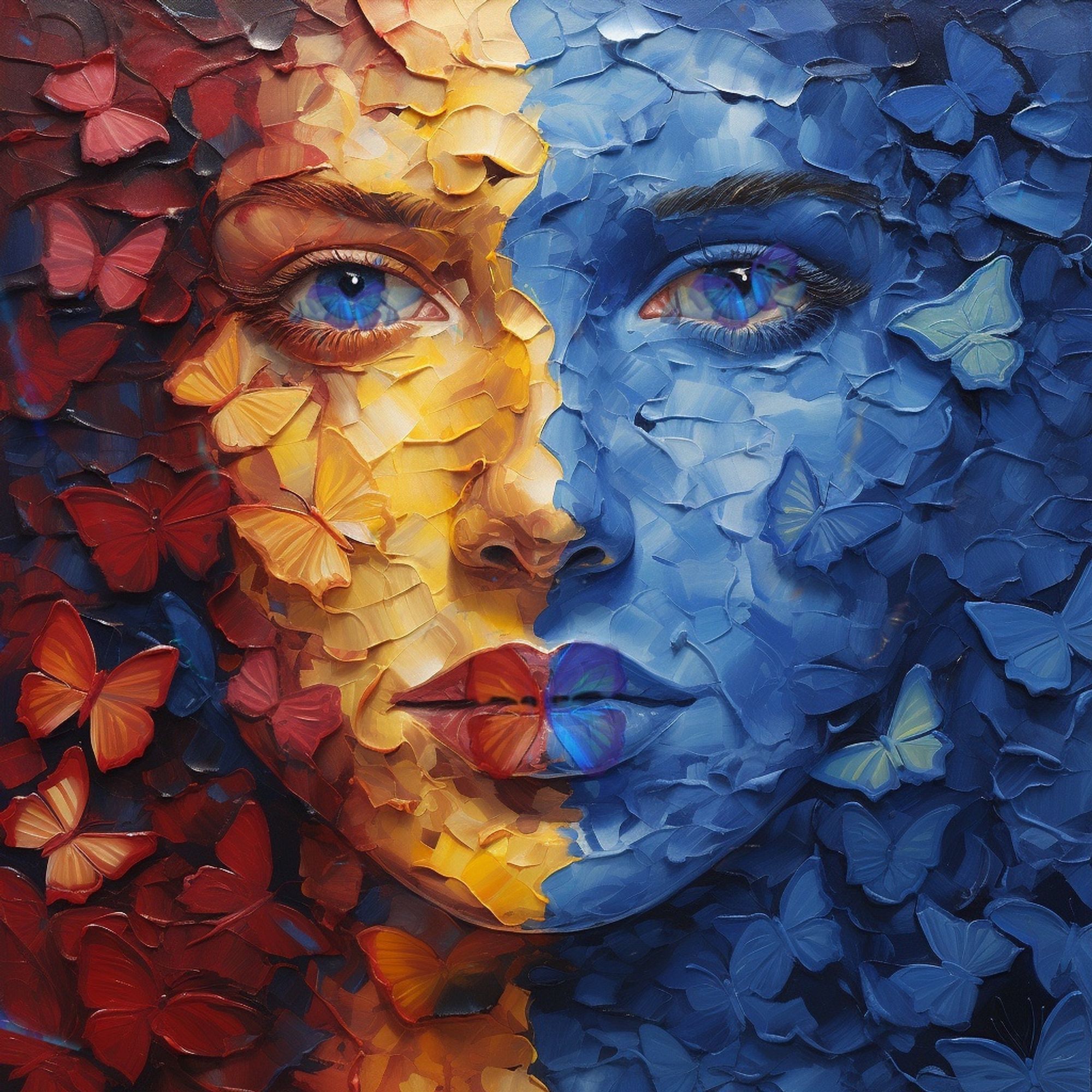 A woman made of butterflies, representing Morning and evening in gold and blue.