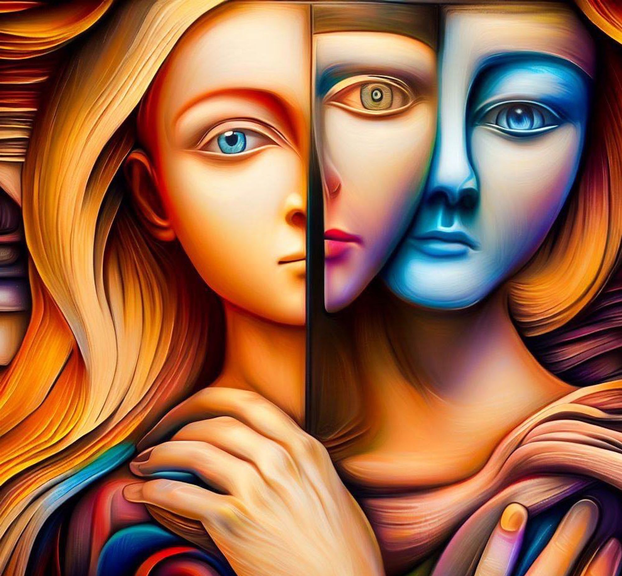 A cubism painting of three faces with what appears to be one woman one is blue one is gold, and the one in between is fair skinned with crystal eyes. 
