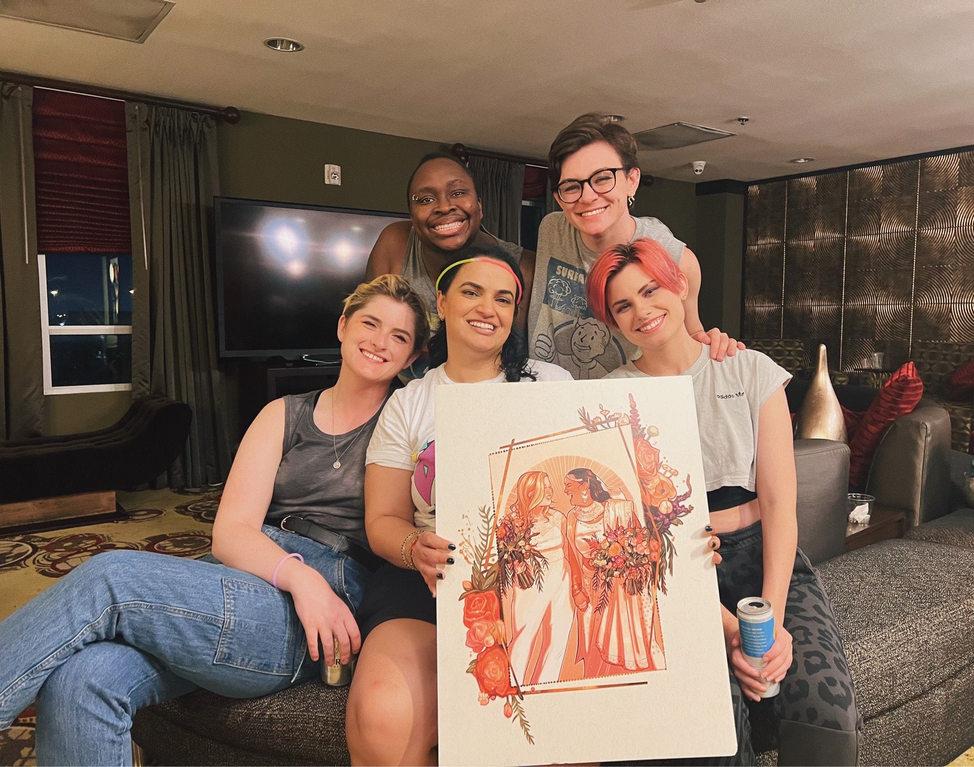 alex, sarah, sloan, puja, and vj posing together with art by @anonbeadraws of puja and her wife