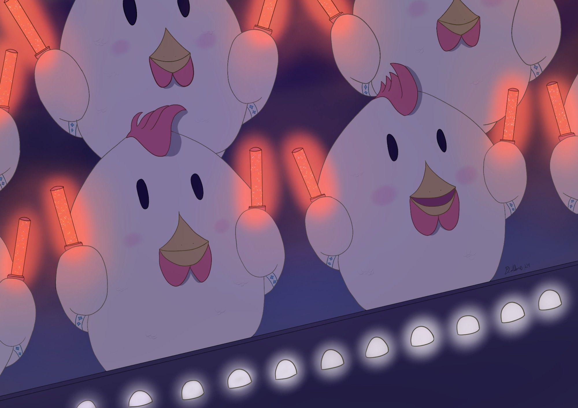 Group of chickens waving orange penlights at a concert.